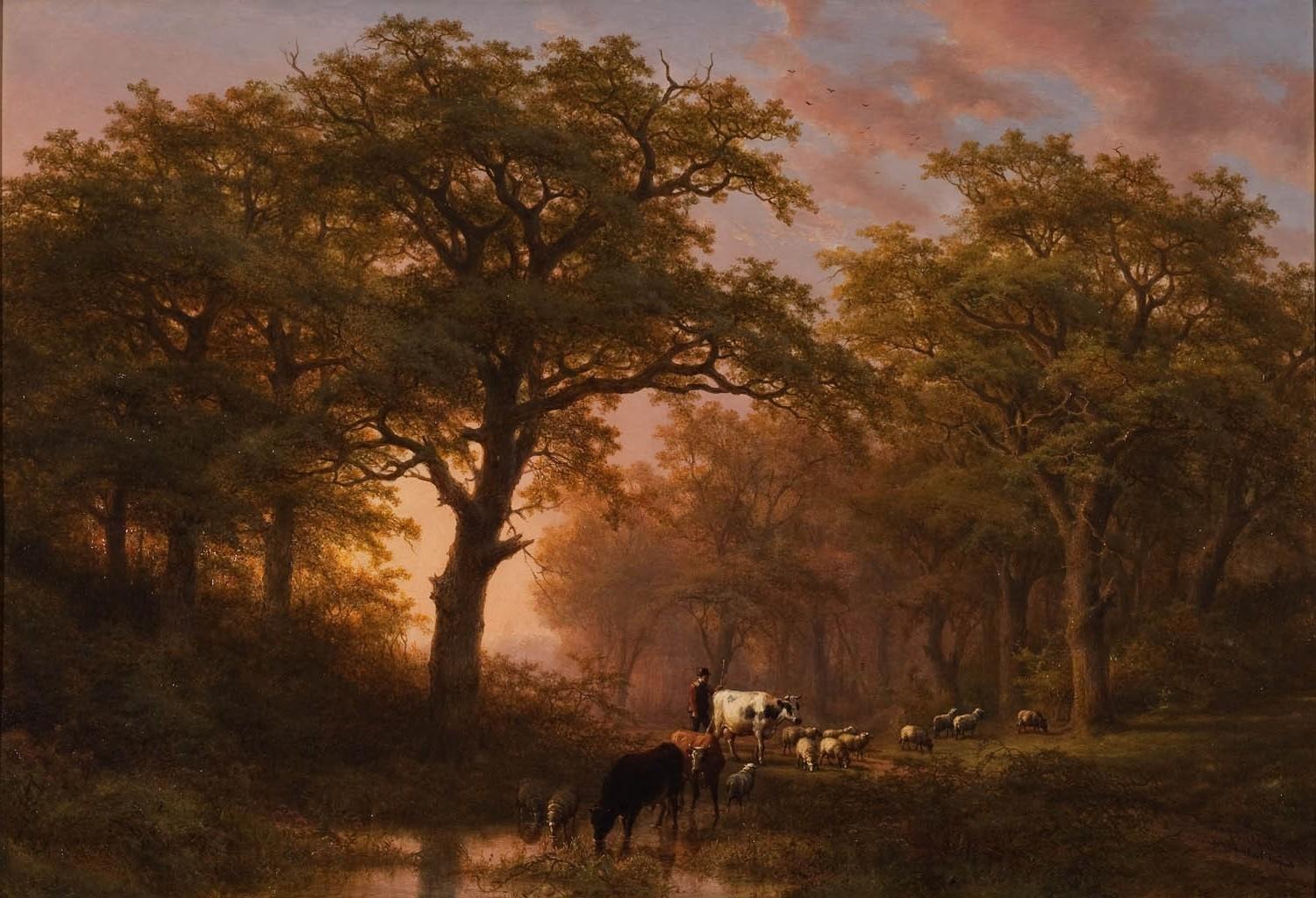 painting forest cows trees sheep classic art wallpaper