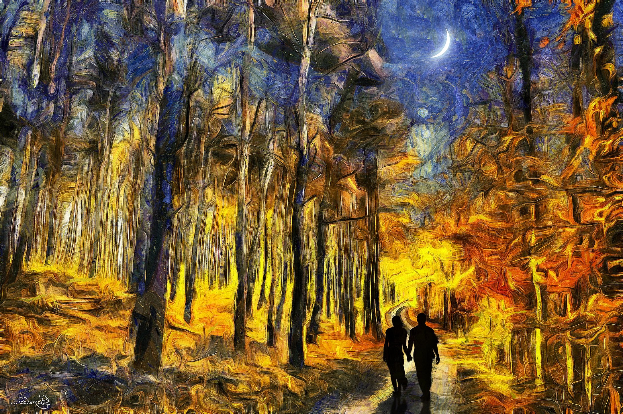 couple painting crescent moon surreal forest wallpaper