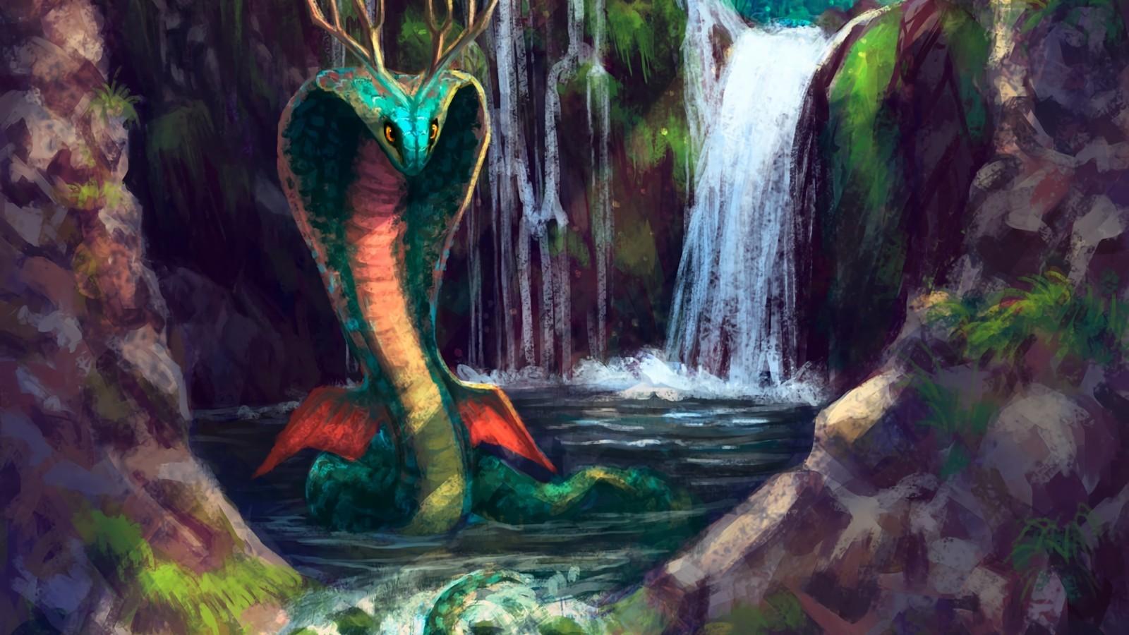 Download 1600x900 Giant Sneak, Serpent, Waterfall, Forest, Artwork