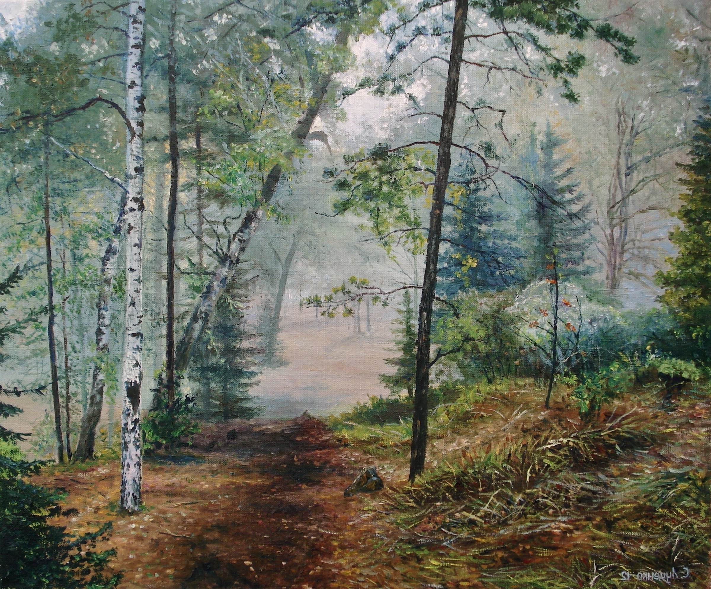 painting, Forest, Birch, Nature, Trees, Artwork, Landscape, Path