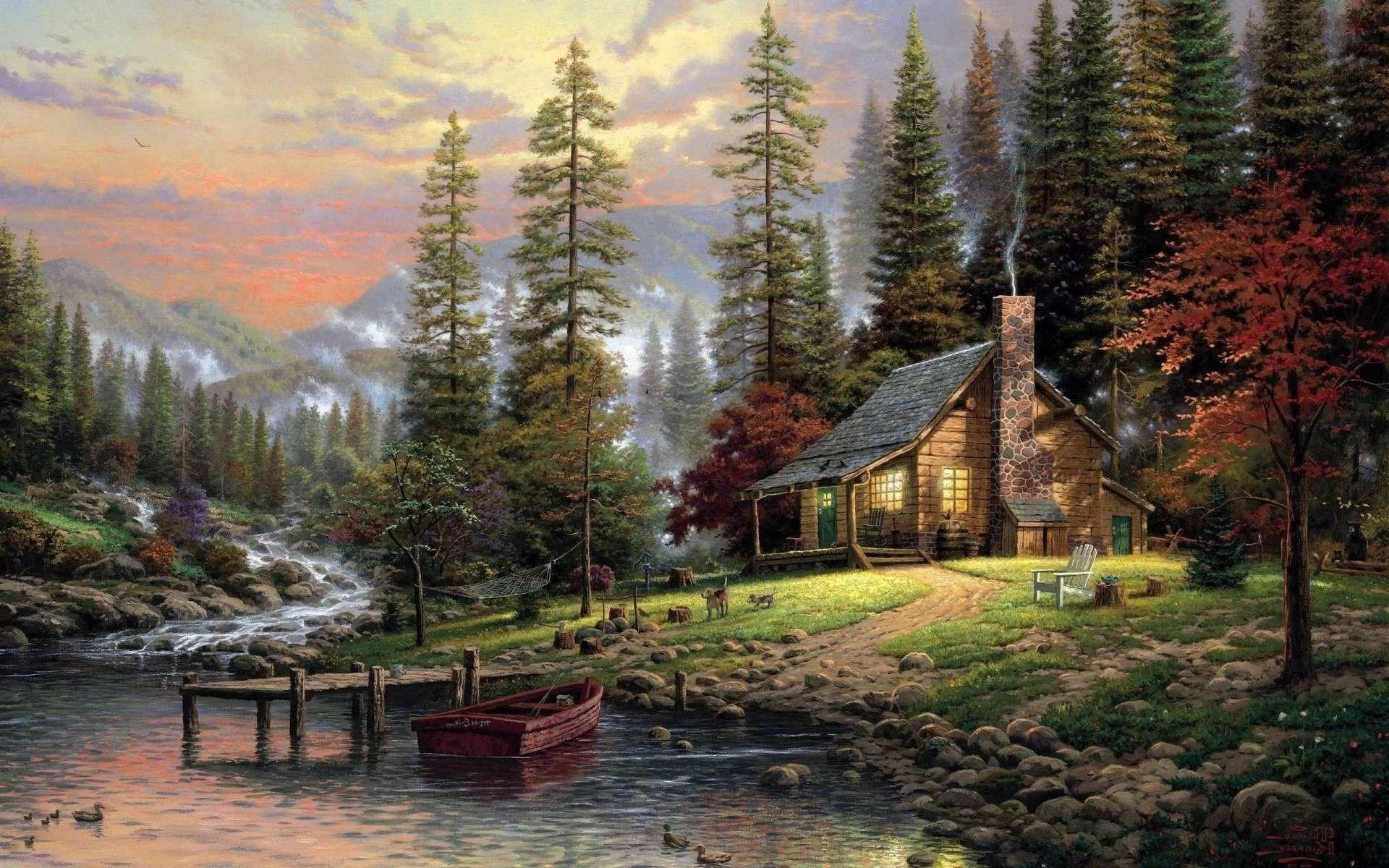 painting artwork forest clouds river boat pier mist stones