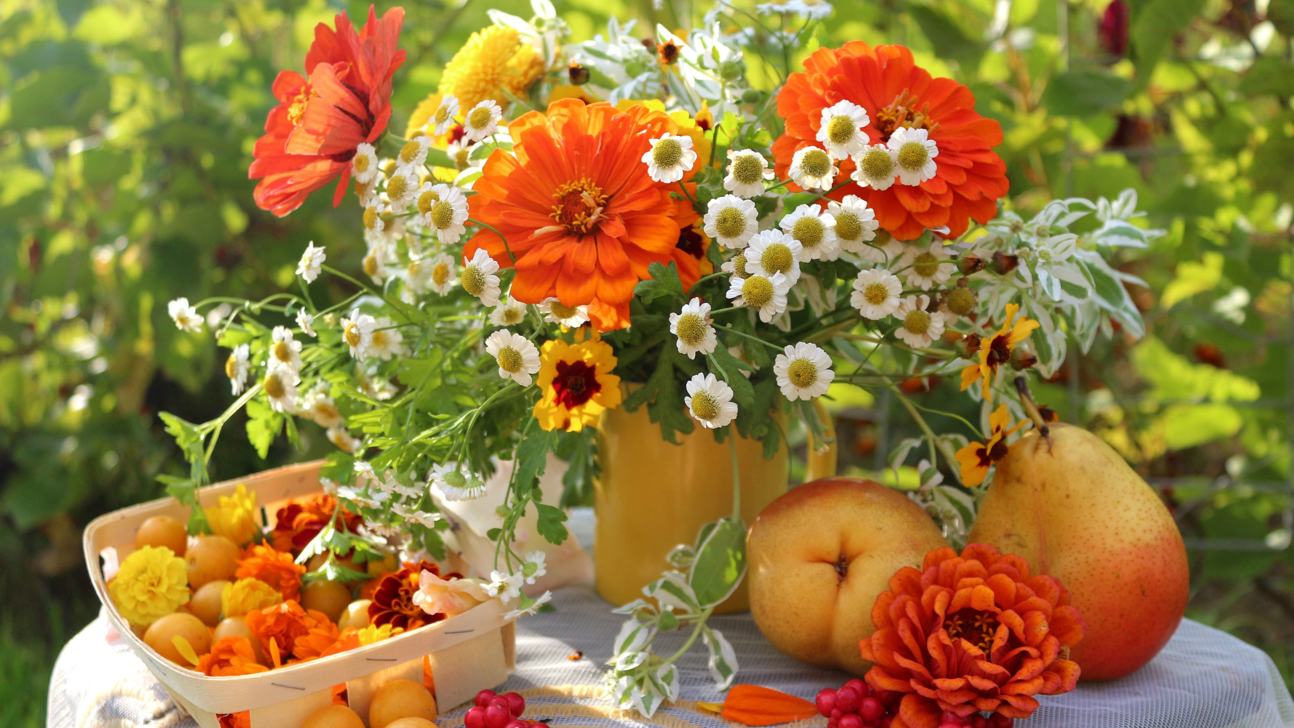 bouquet, table, on, fruit, summer garden, colors, still