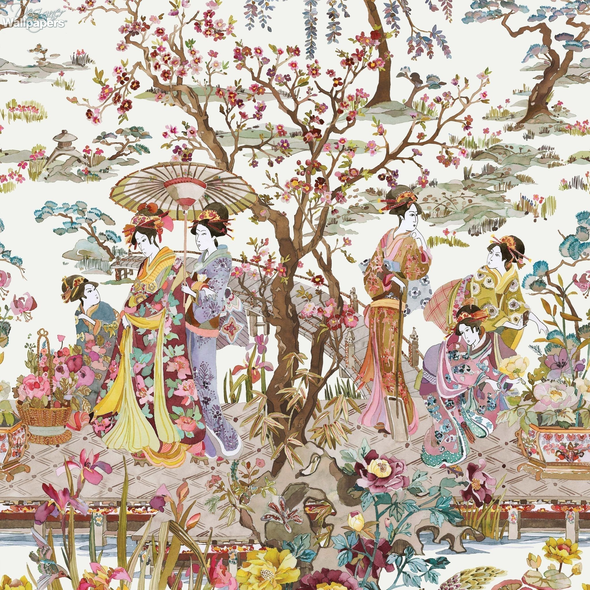 Japanese Garden Wallpaper in Ochre from the Enchanted Gardens