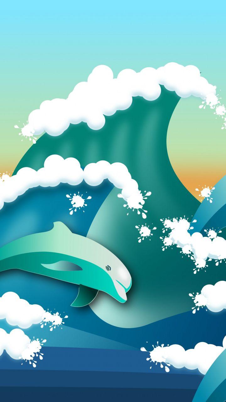 Digital art, fishes, sea waves, sea, birds, dolphins wallpaper