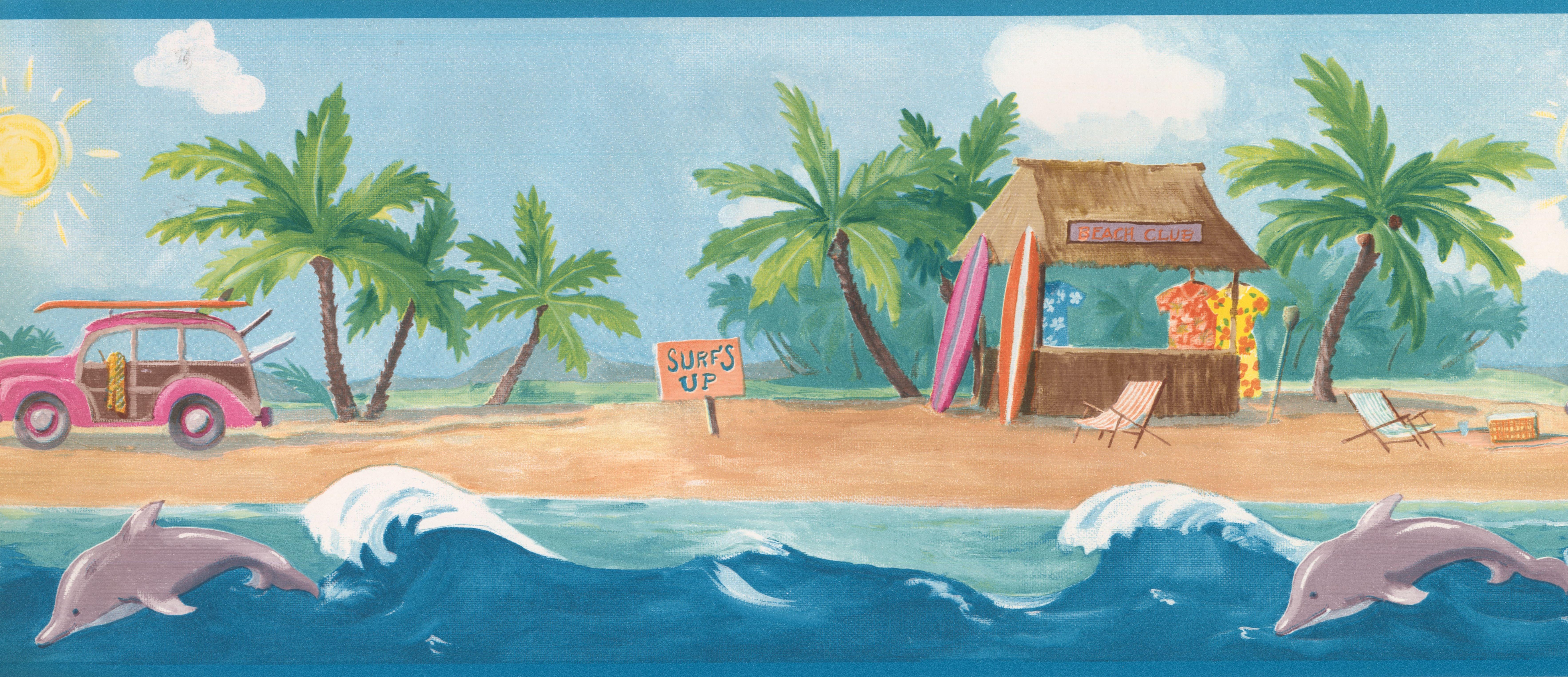 York Wallcoverings Surf's Up Beach Palm Trees Sea Dolphins 15' L x