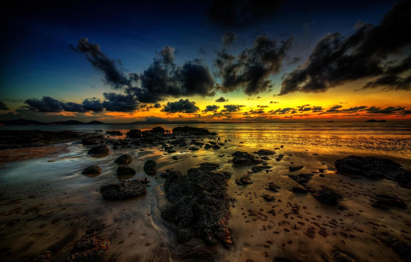 Wallpaper sea, clouds, sunset, shore, Golden Hour image for desktop