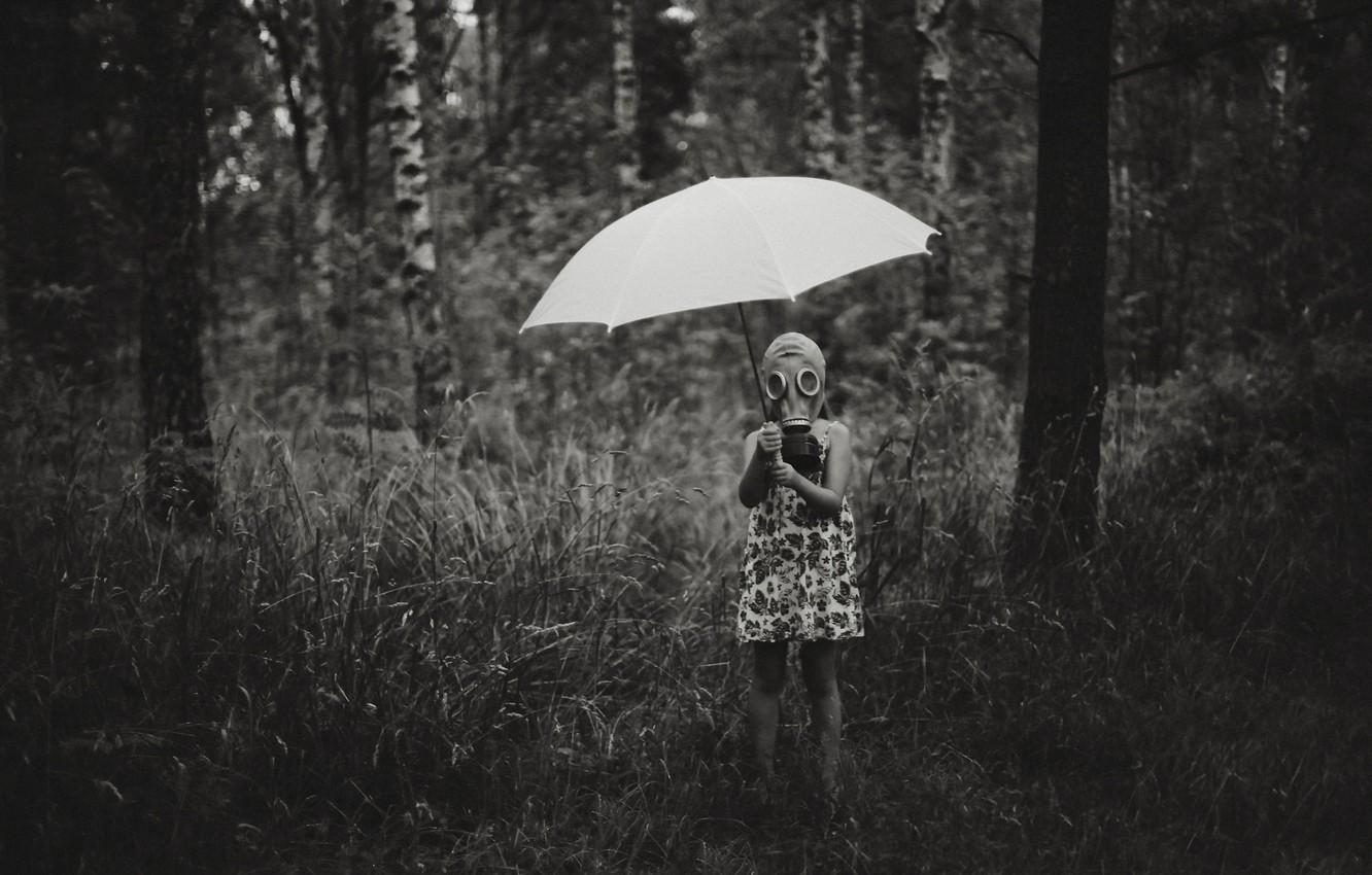 Wallpaper umbrella, girl, gas mask, it can rain all the time image