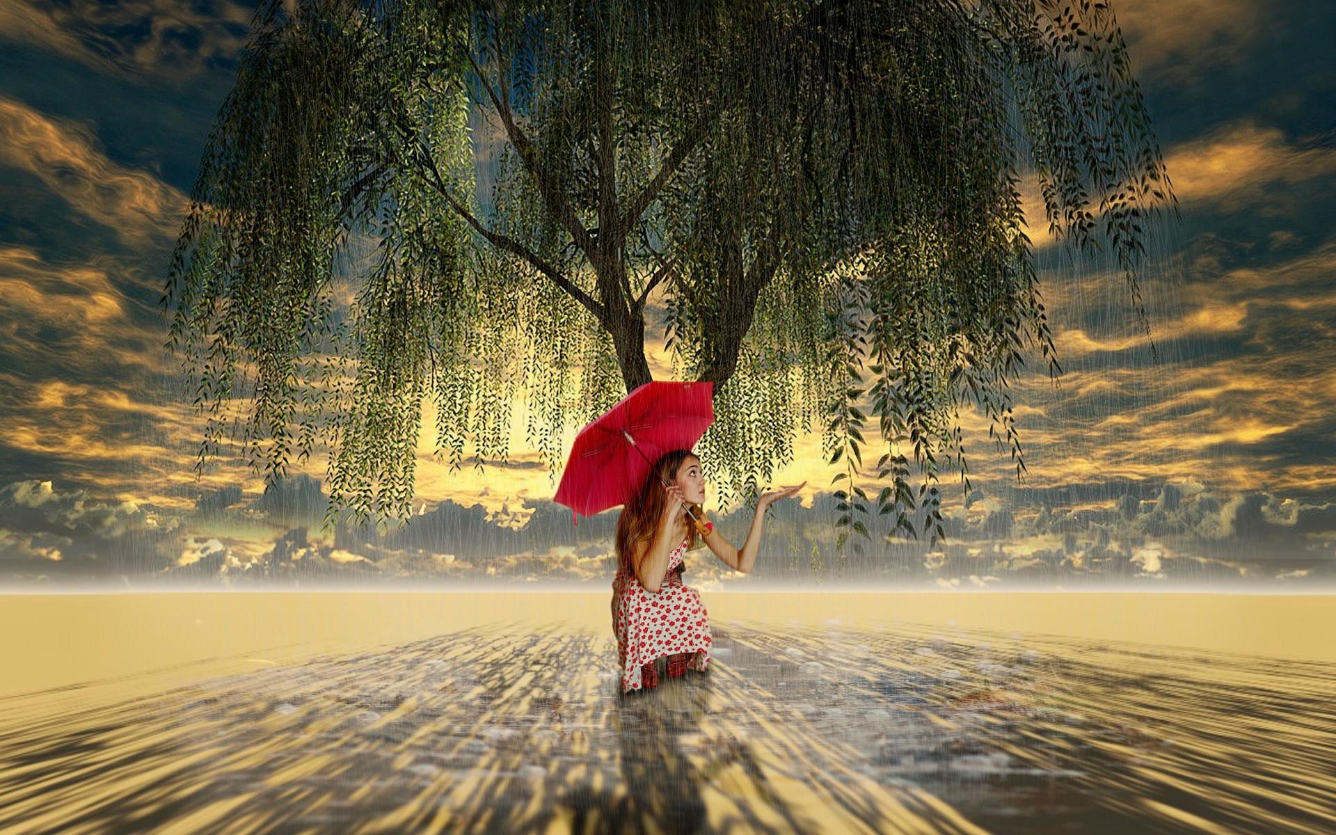 Girl with Red Umbrella under Willow Tree on a Rainy Day widescreen