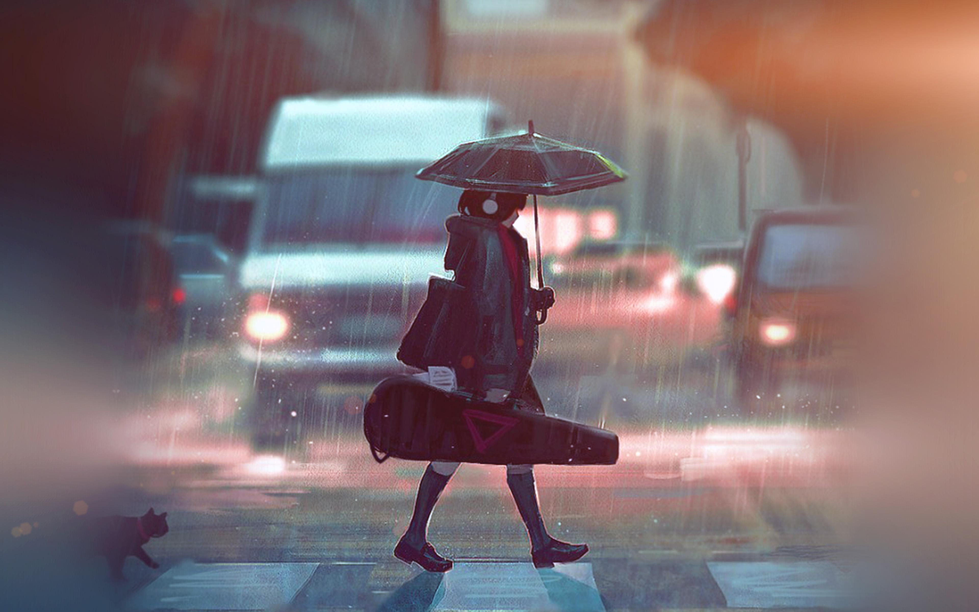 Umbrella, Rain, Violin, Girl wallpaper and background