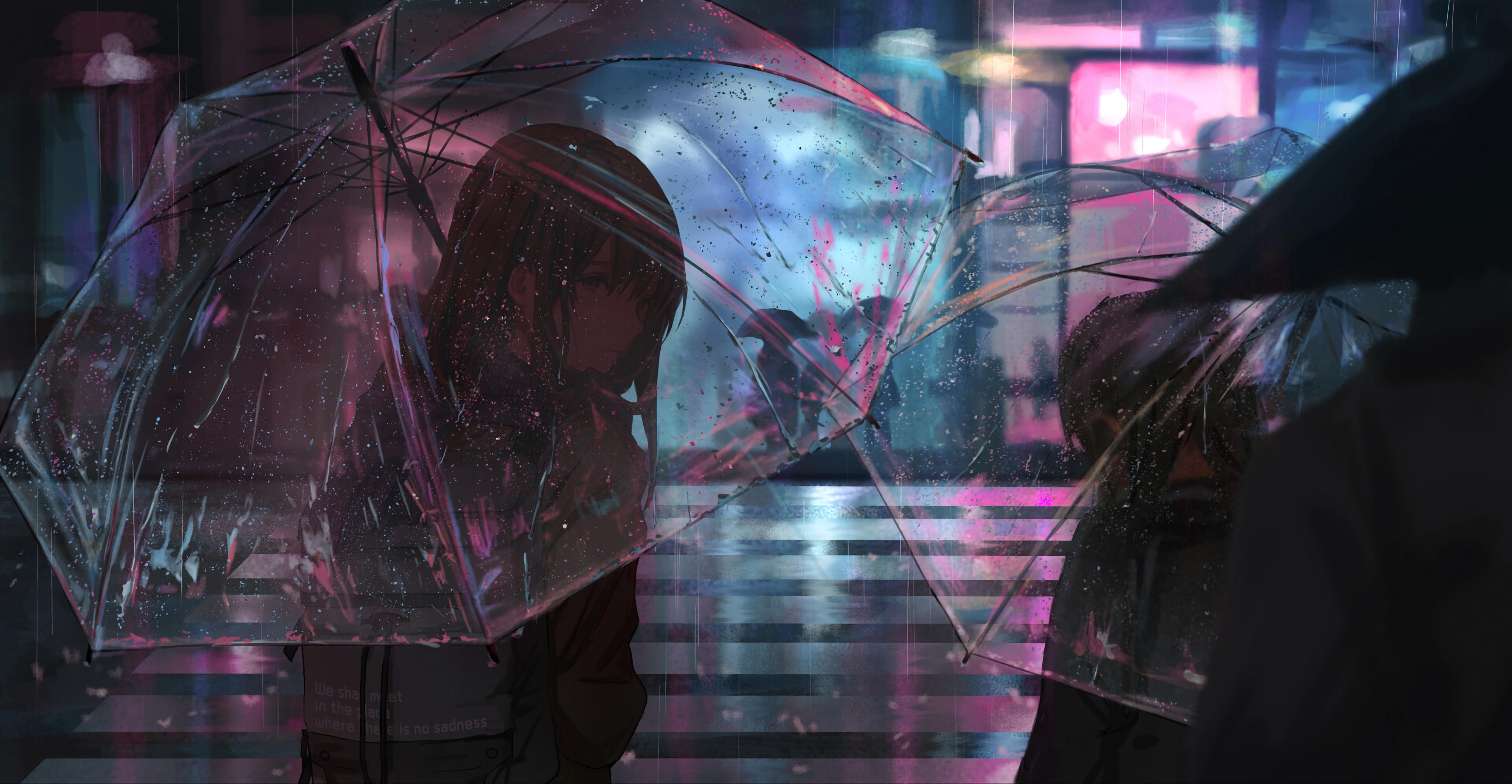 wallpaper girl, umbrella, anime, rain, street, night HD, Widescreen