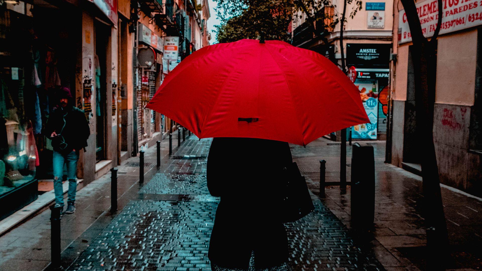 Girl Holding Red Umbrella in Rain Wallpaper