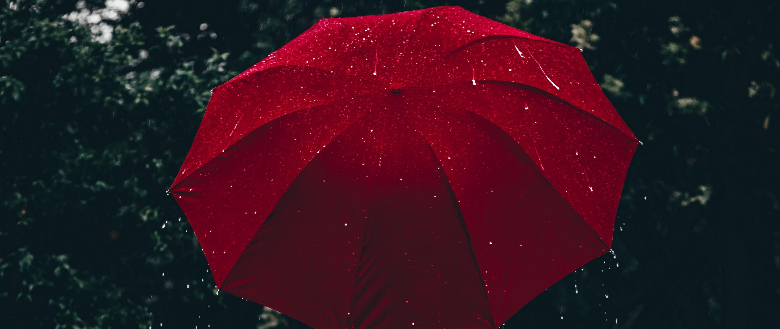 Download wallpaper 2560x1080 umbrella, red, girl, rain dual wide