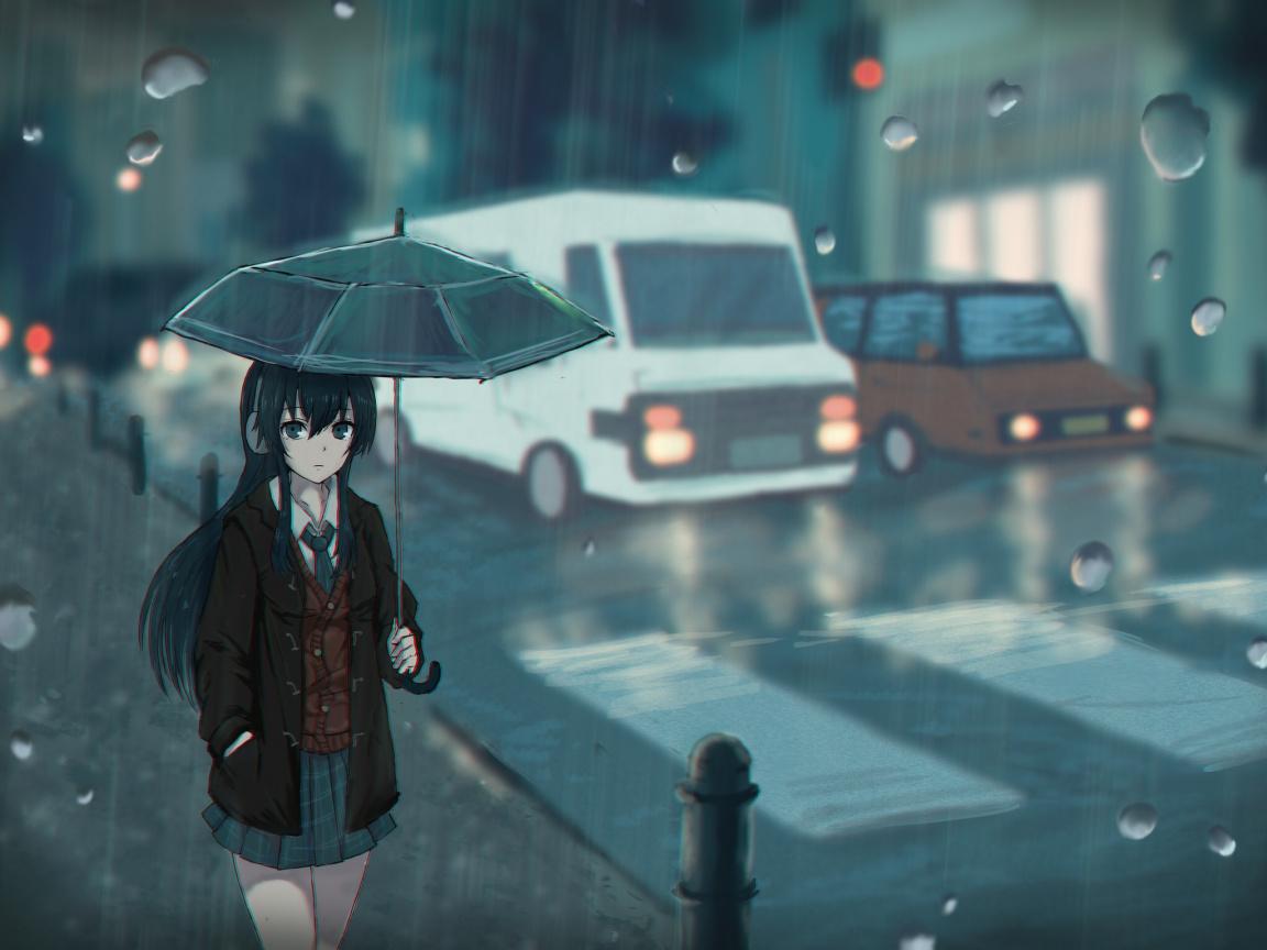 Download 1152x864 Wallpaper Walk, Anime Girl, Rain, Umbrella, Street