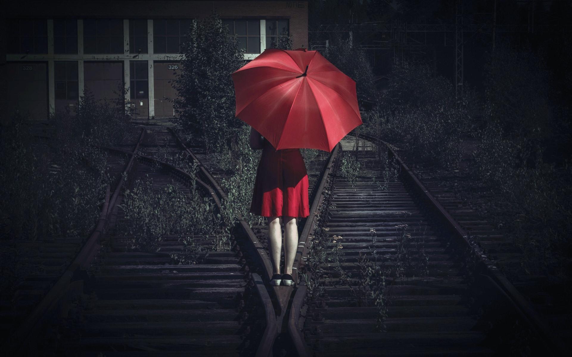 Wallpaper Red skirt girl back view, umbrella, railroad 1920x1200 HD