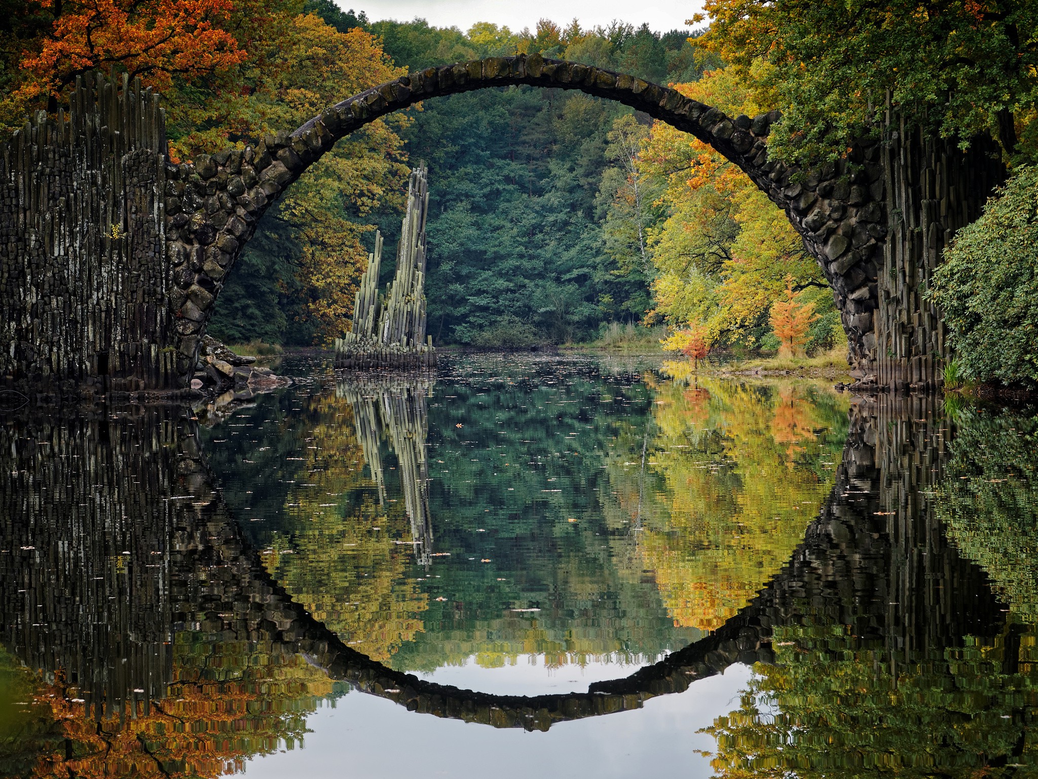 bridge, River, Reflection, Fall, Landscape, Colorful