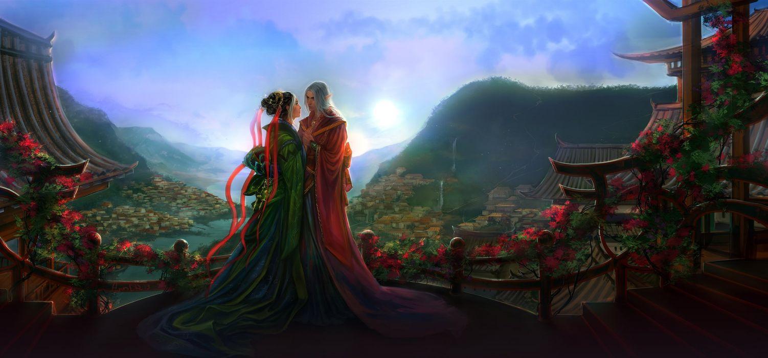 Fantasy love couple kimono elf landscape wallpaperx943