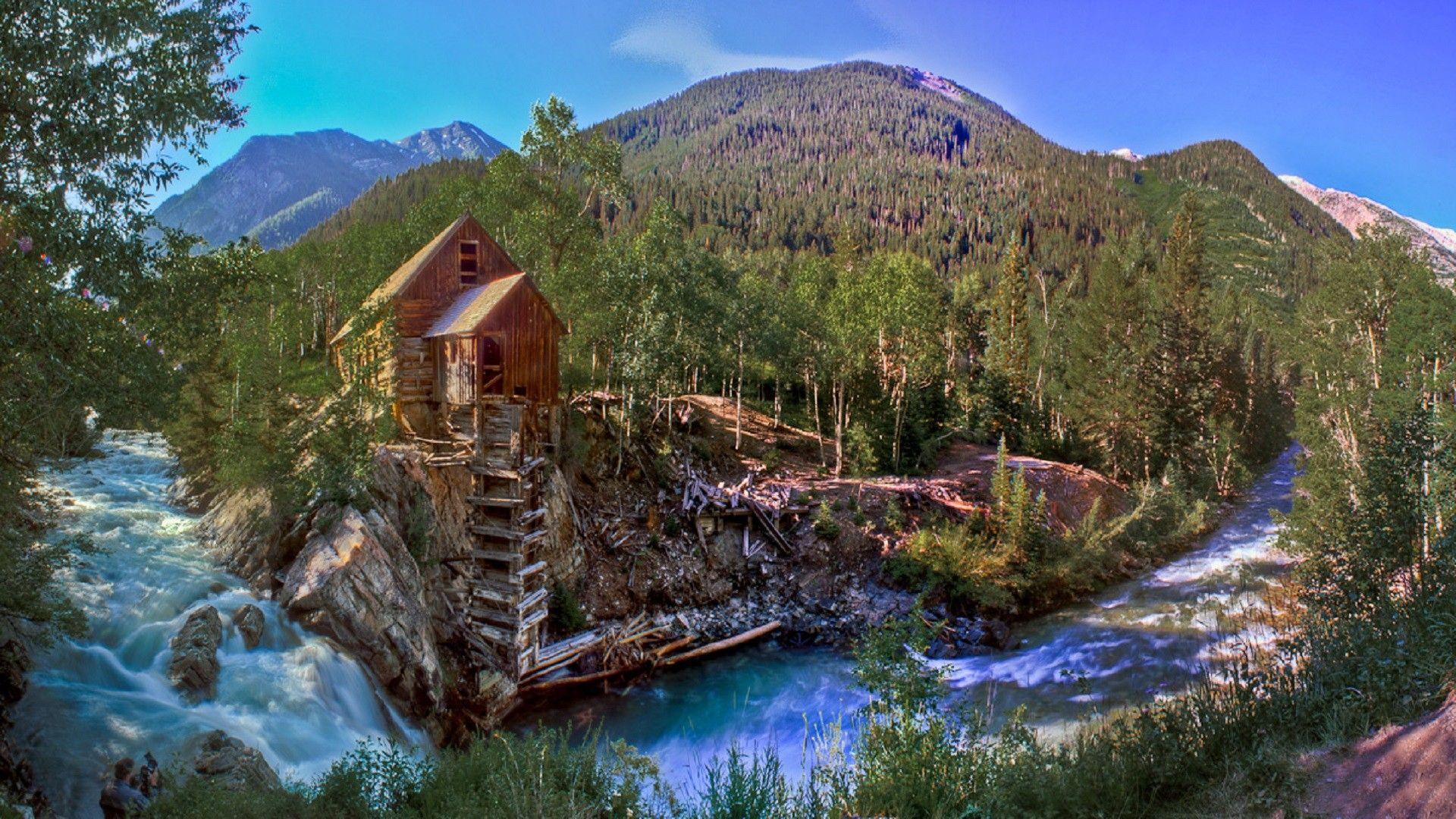 Colorado water mill river forest trees mountains wallpaper Gallery