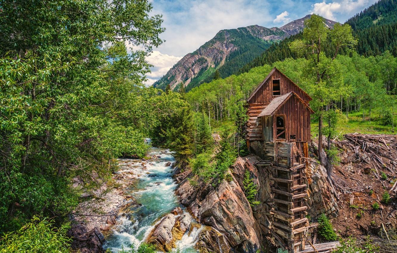 Wallpaper forest, trees, mountains, river, Colorado, water mill