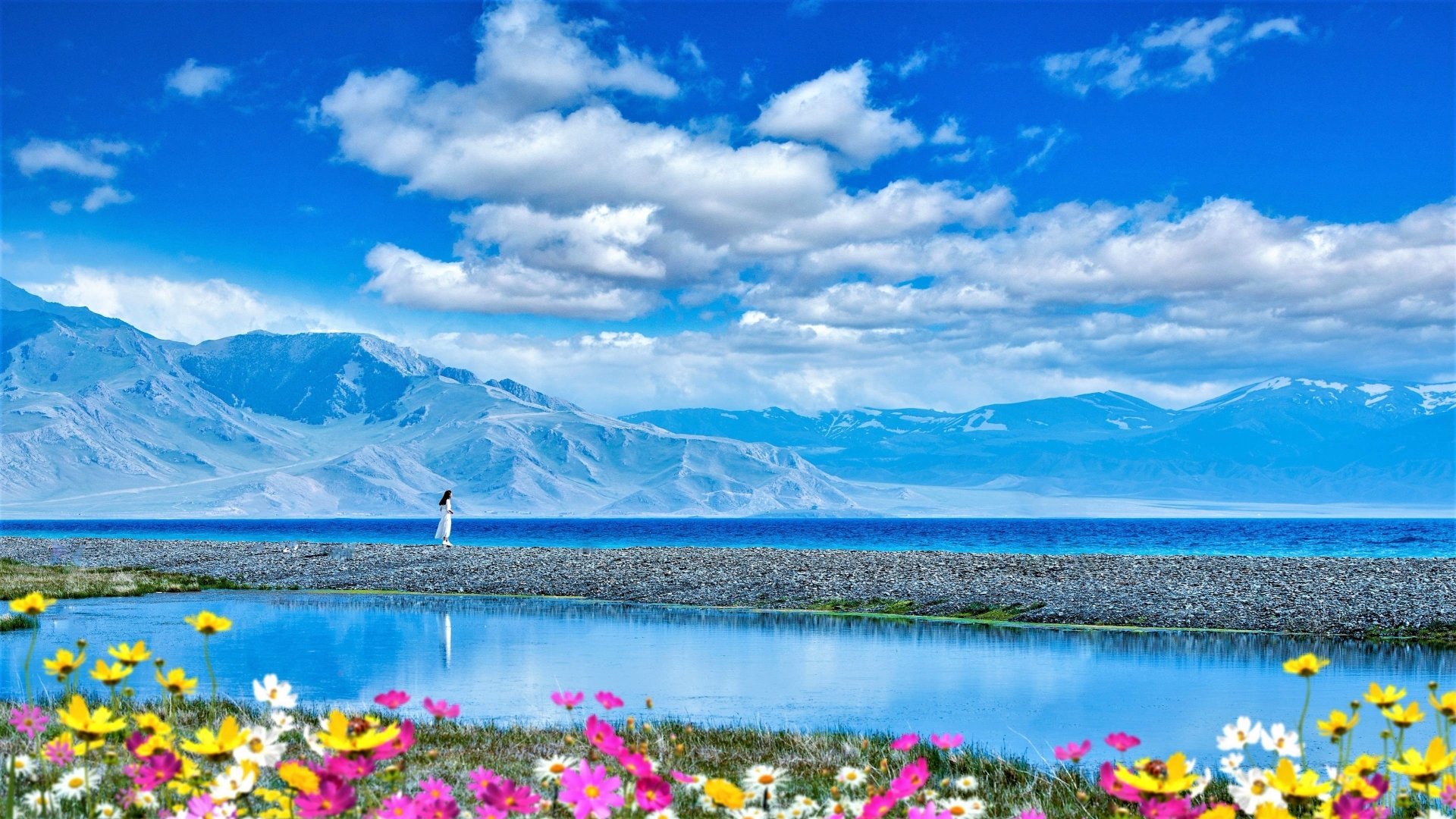 1920x1080 Mountain, Earth, Flower, Landscape, Sky, Lake
