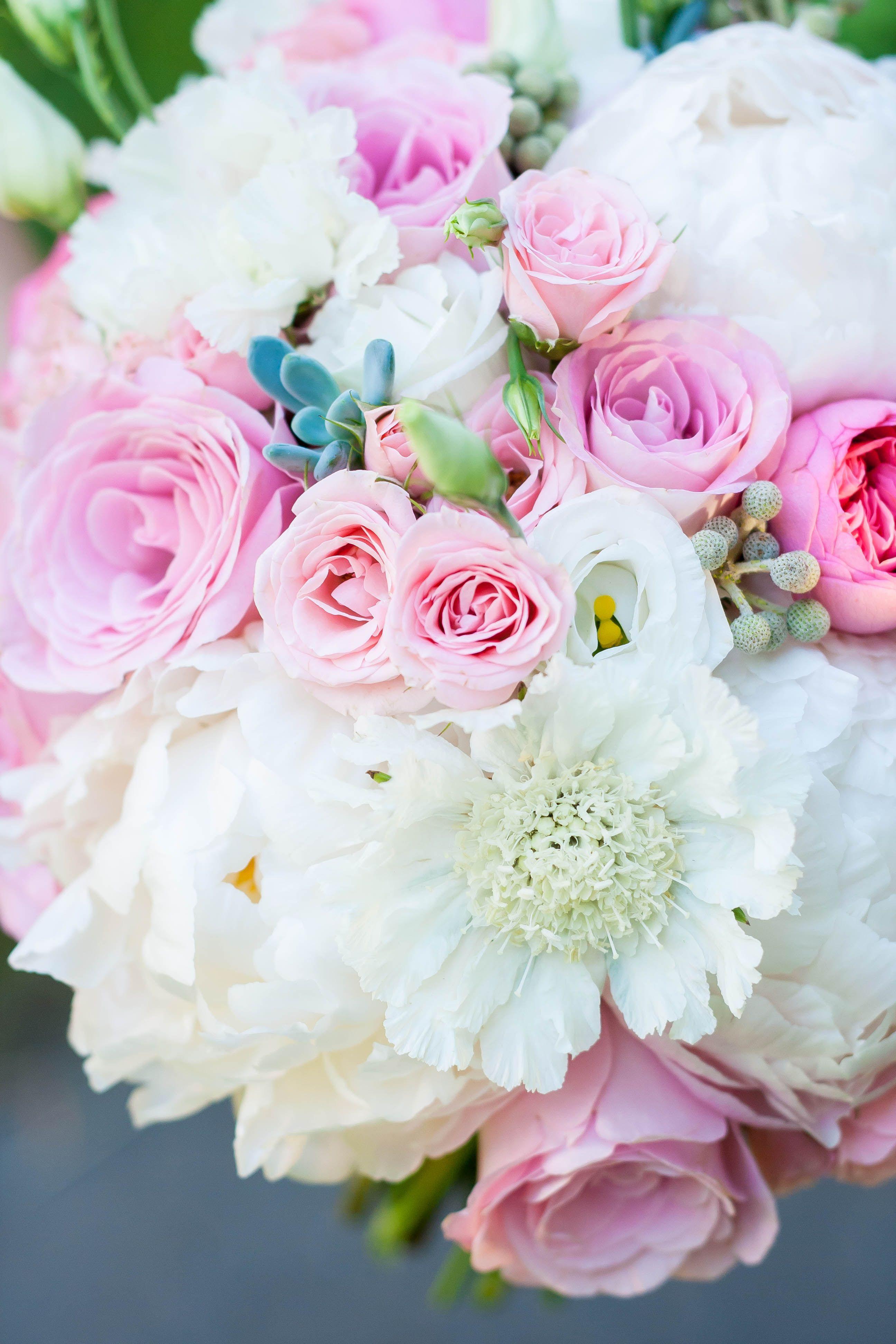 Gorgeous pink and white bouquet. Flowers are: spray roses, roses
