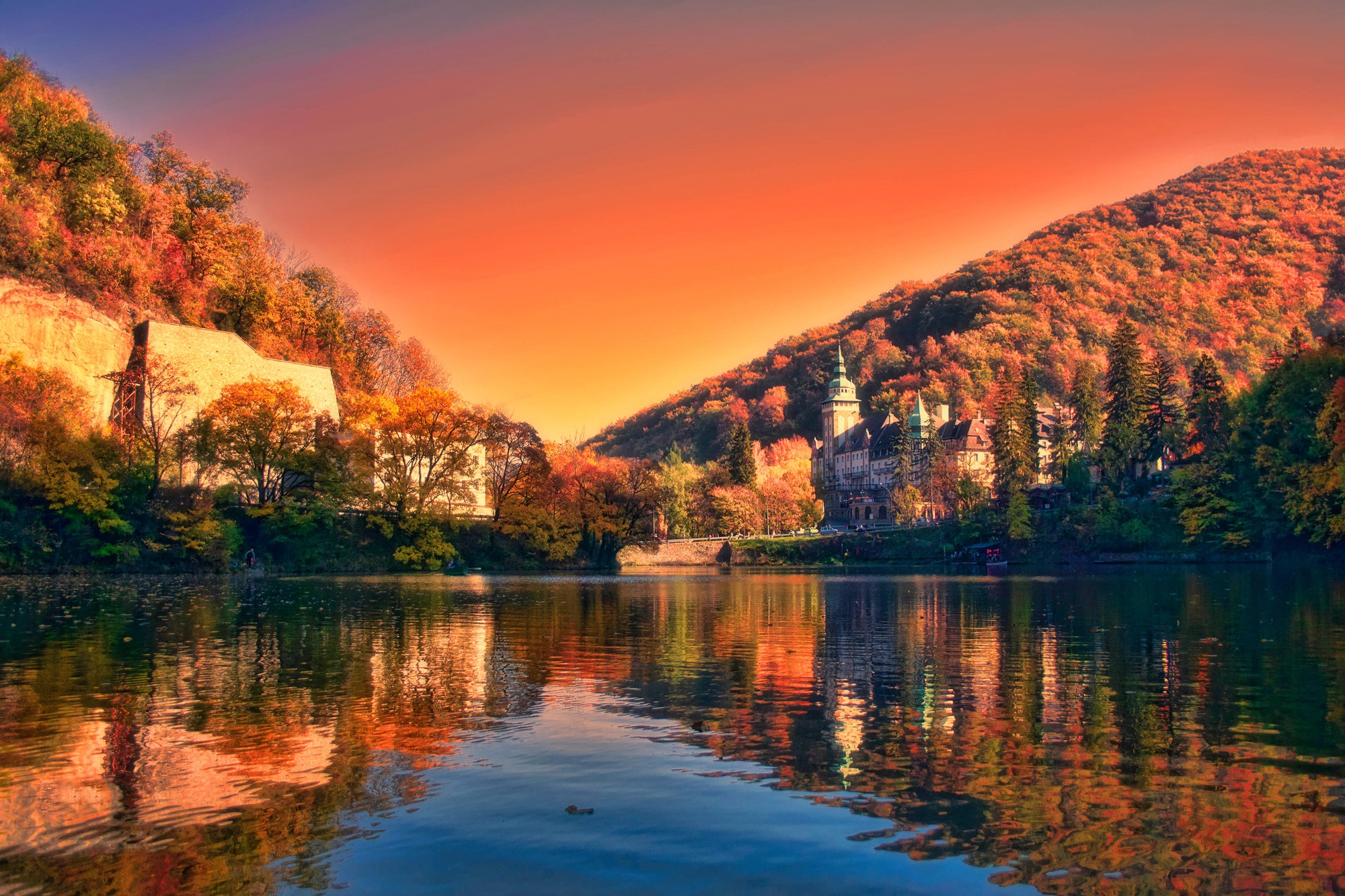 beautiful, mountains, palace, lake, forest, reflection, autumn