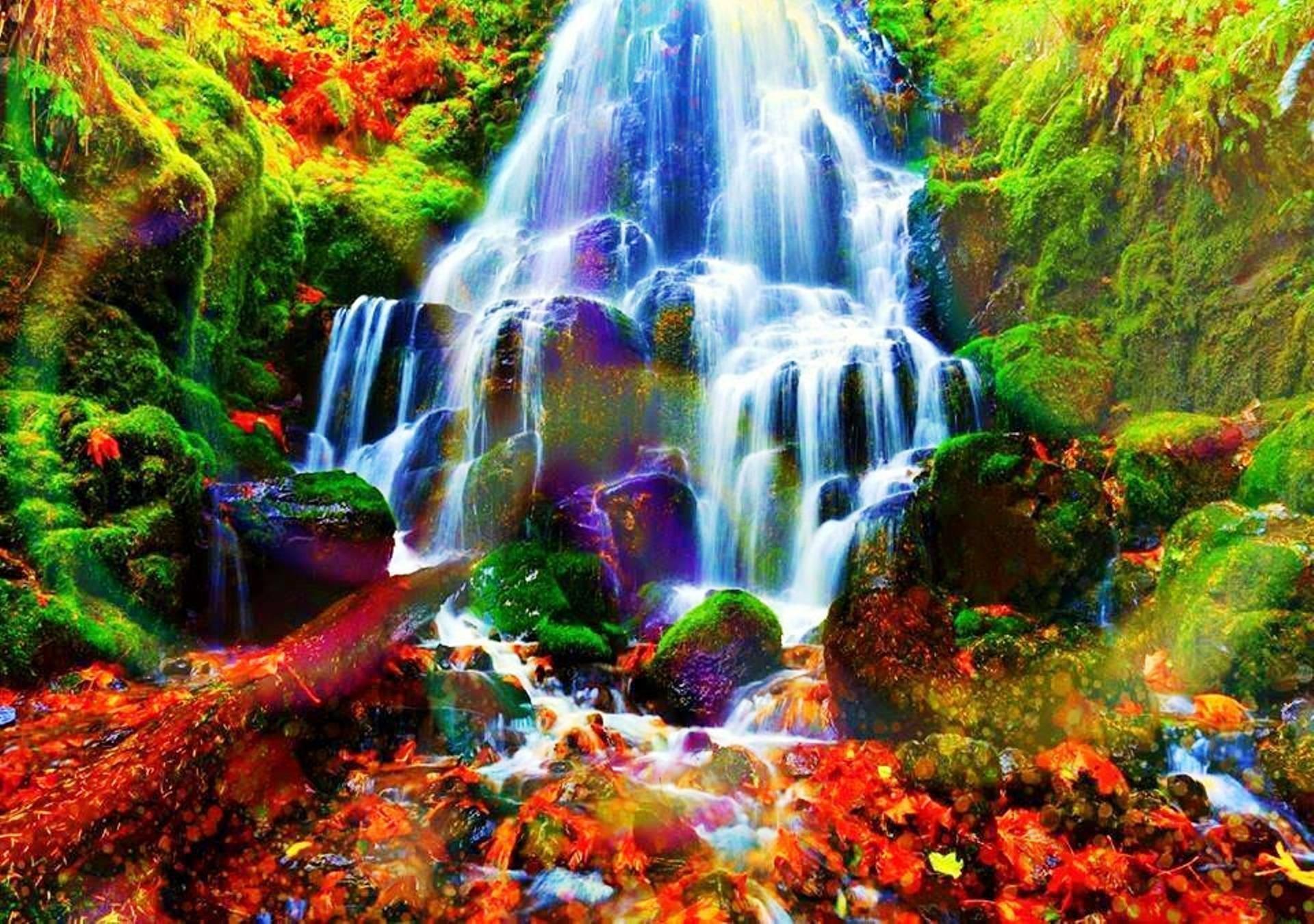 Waterfalls: Mountains Waterfalls Rocks Art Autumn Nature Painting
