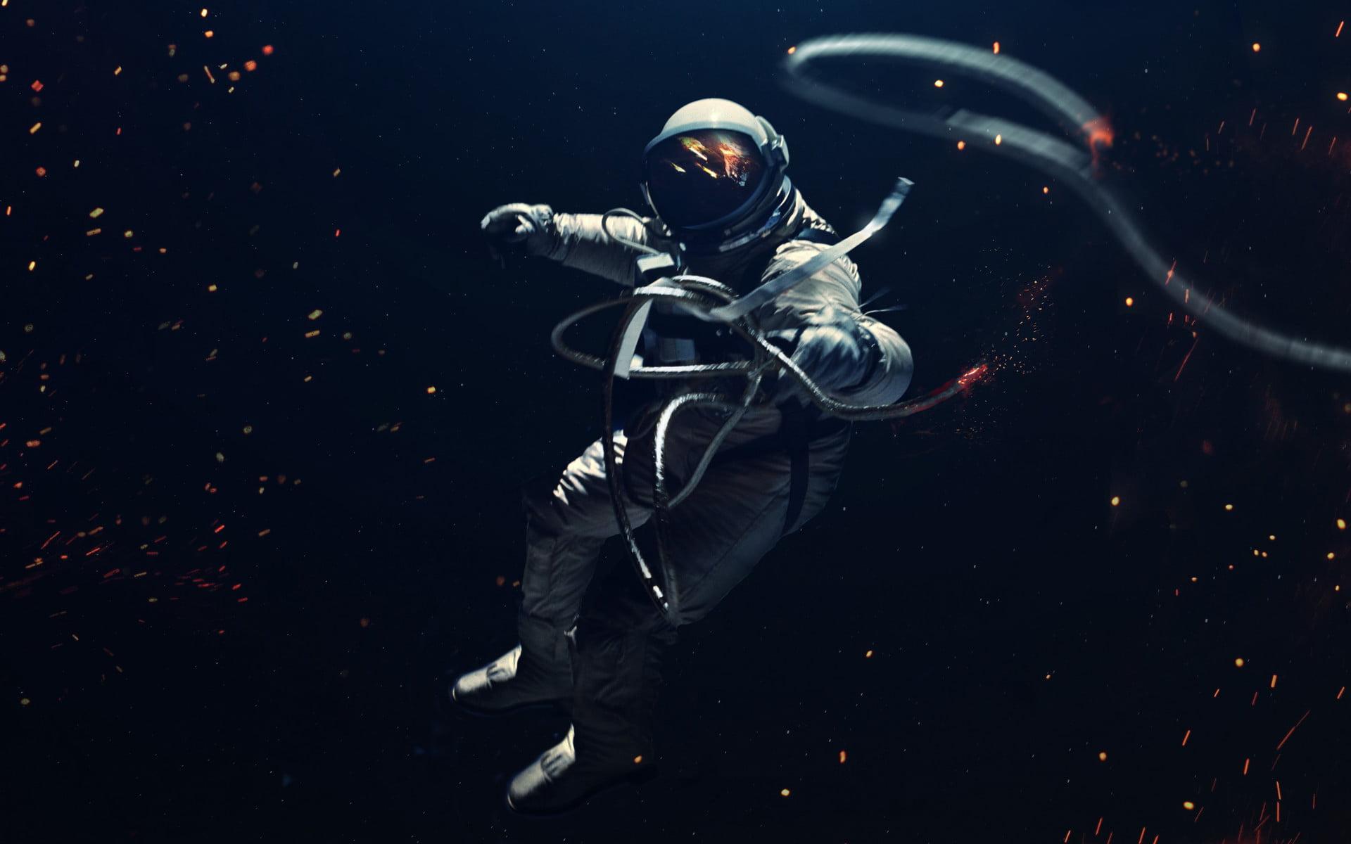 Astronaut holding cable digital wallpaper, astronaut, spacesuit