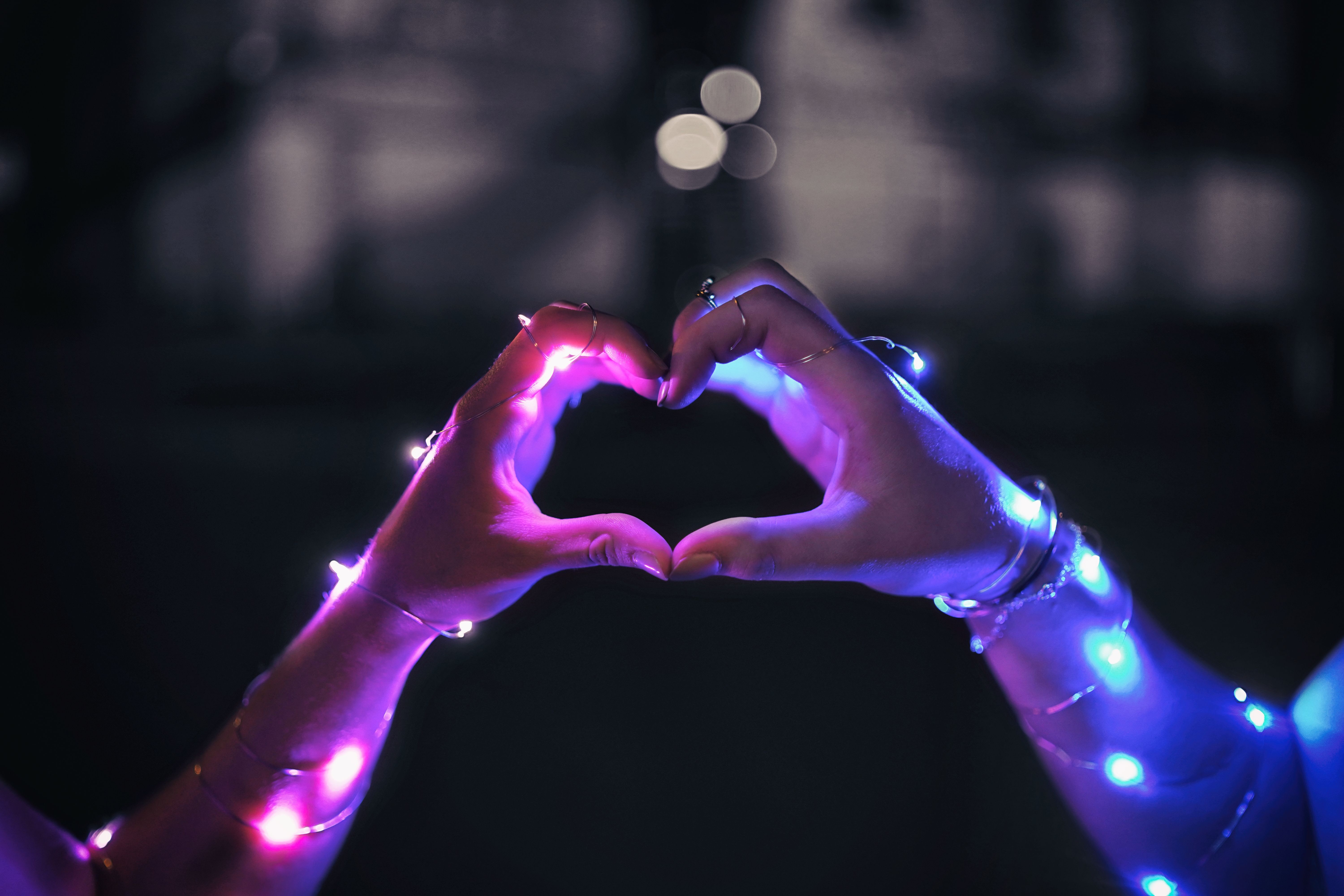 Wallpaper Love heart, LED lights, Hands, 5K, Love