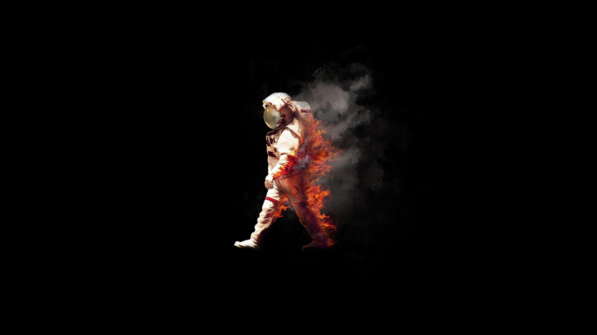 HD wallpaper: white astronaut costume, space, fire, burn, spacesuit