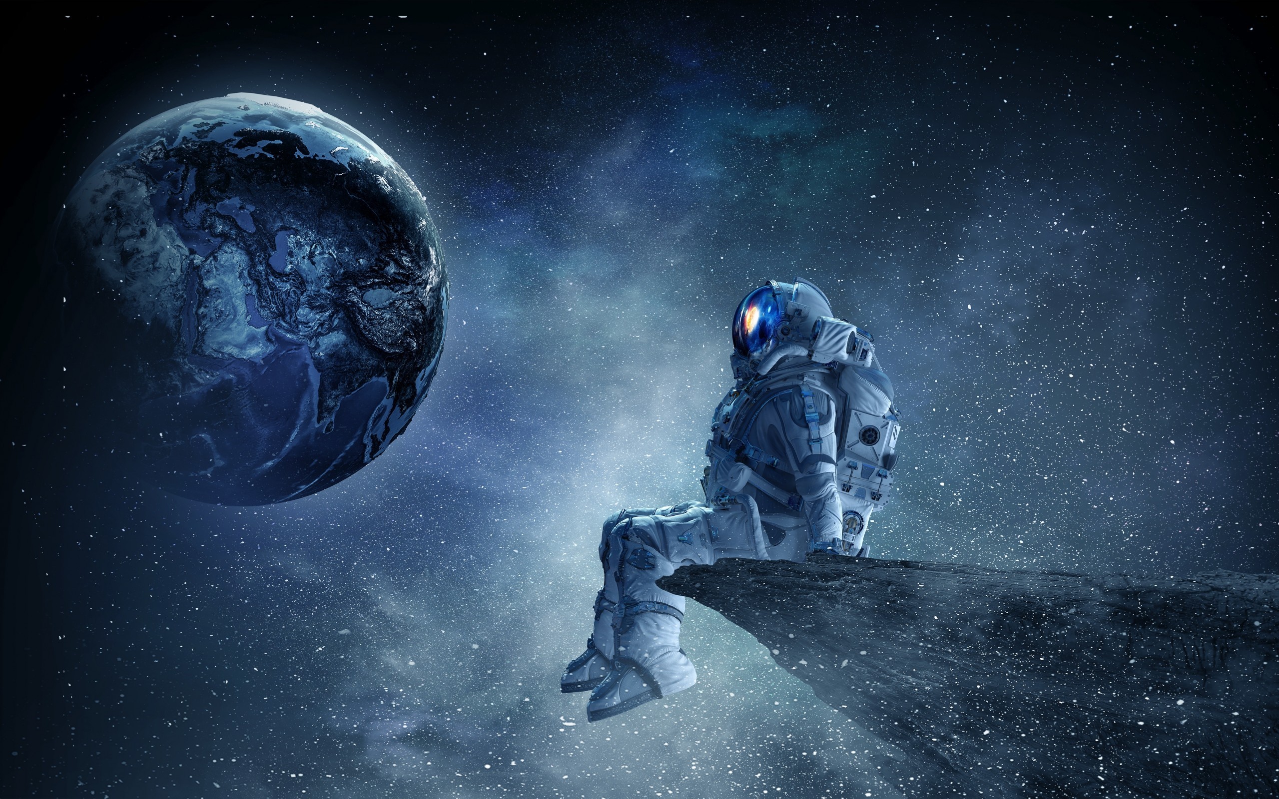 Download 2560x1600 Astronaut, Cliff, Planets, Stars, Spacesuit