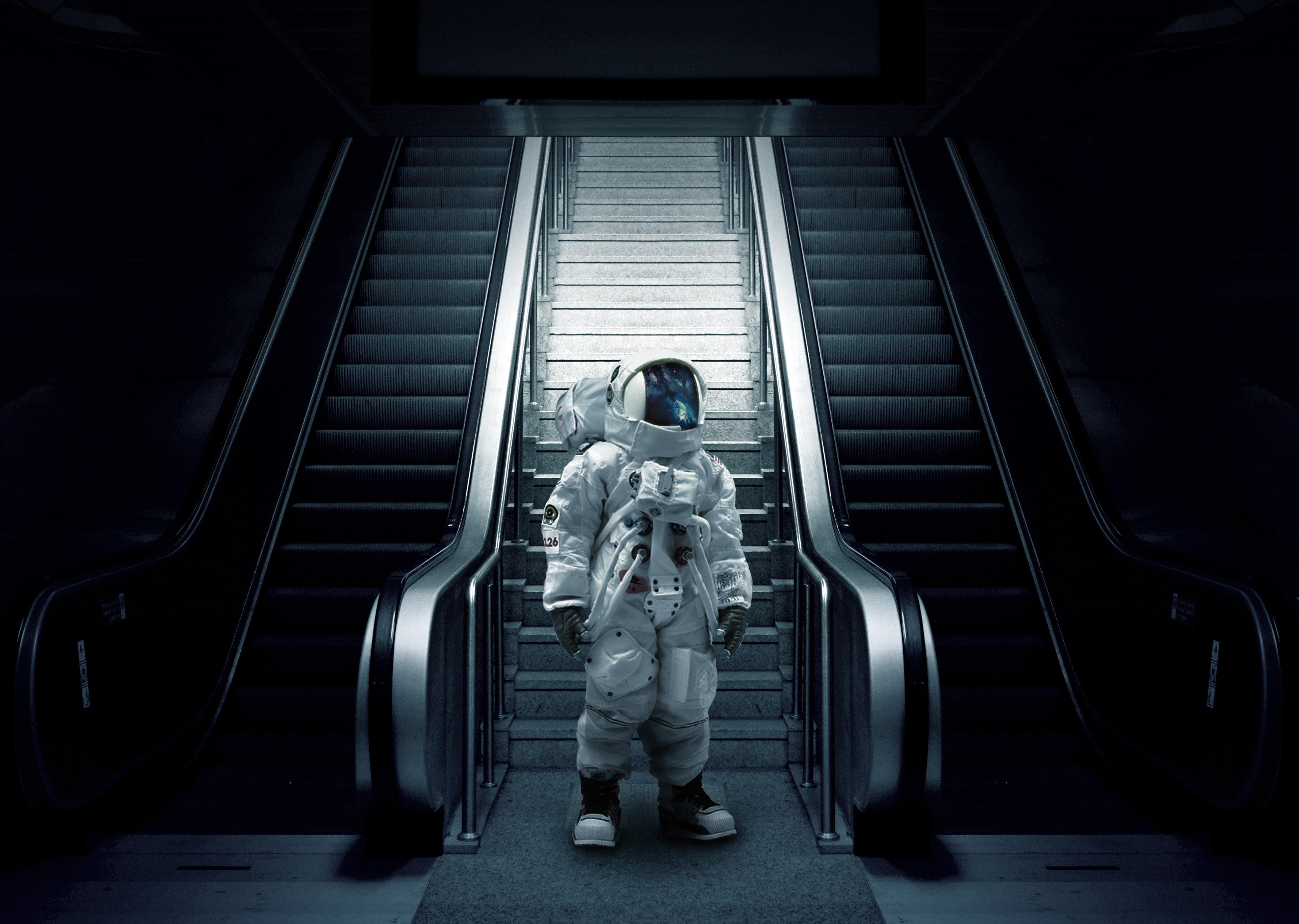 wallpaper astronaut, cosmonaut, spacesuit, escalator, stairs HD