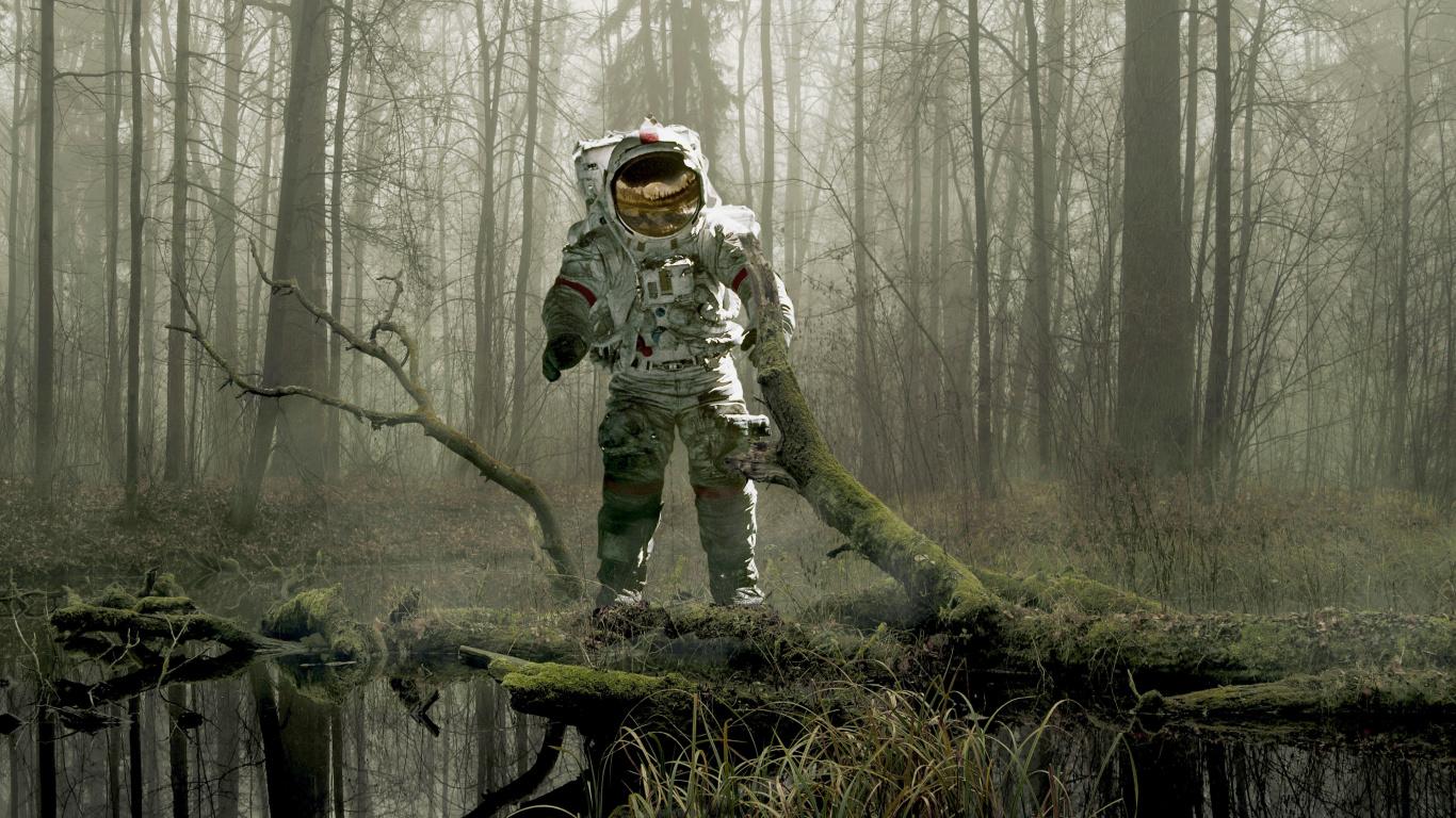 Download 1366x768 Wallpaper Astronaut, Forest, Earth, Space Suit, 4k