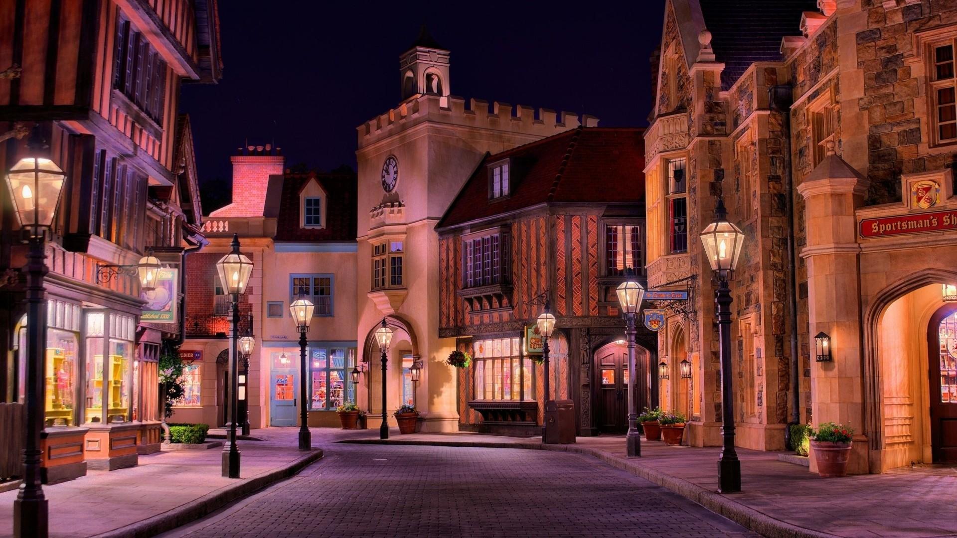 Download 1920x1080 Houses, Street, Night, Lamps, Shops, Old