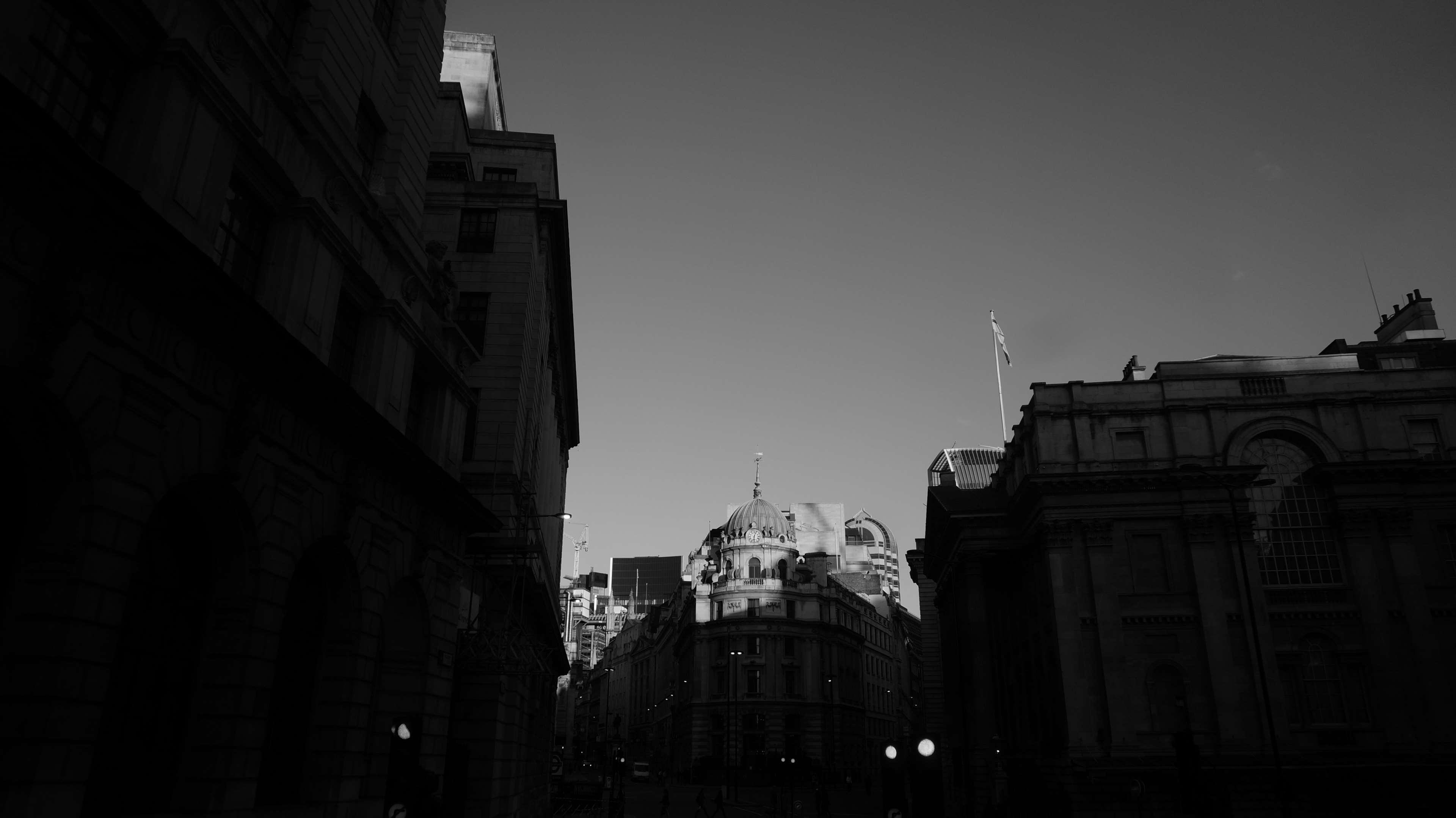 black and white, london, old buildings, street 4k wallpaper