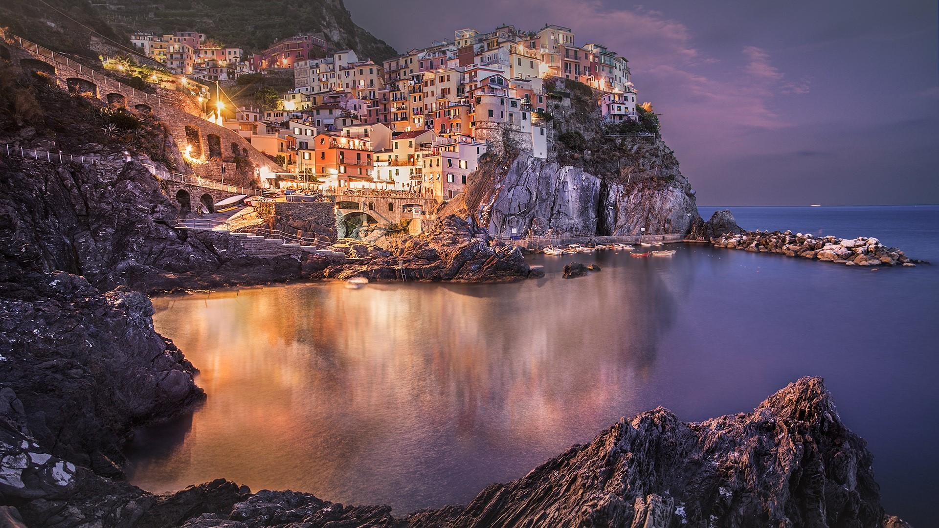 Manarola night, the second smallest of Cinque Terre towns, Italy