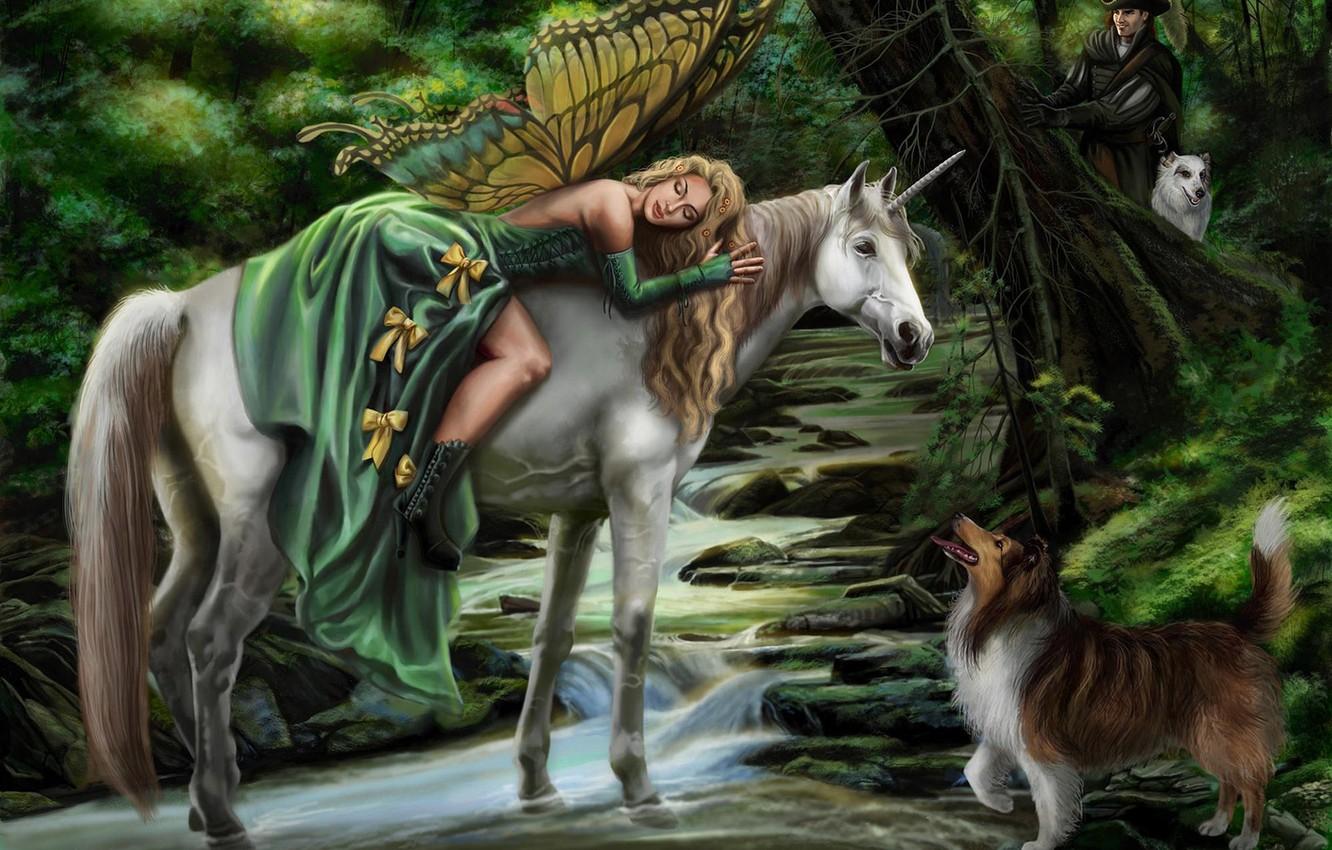 Wallpaper girl, dog, fairy, fantasy, art, unicorn, hunter, Faerie