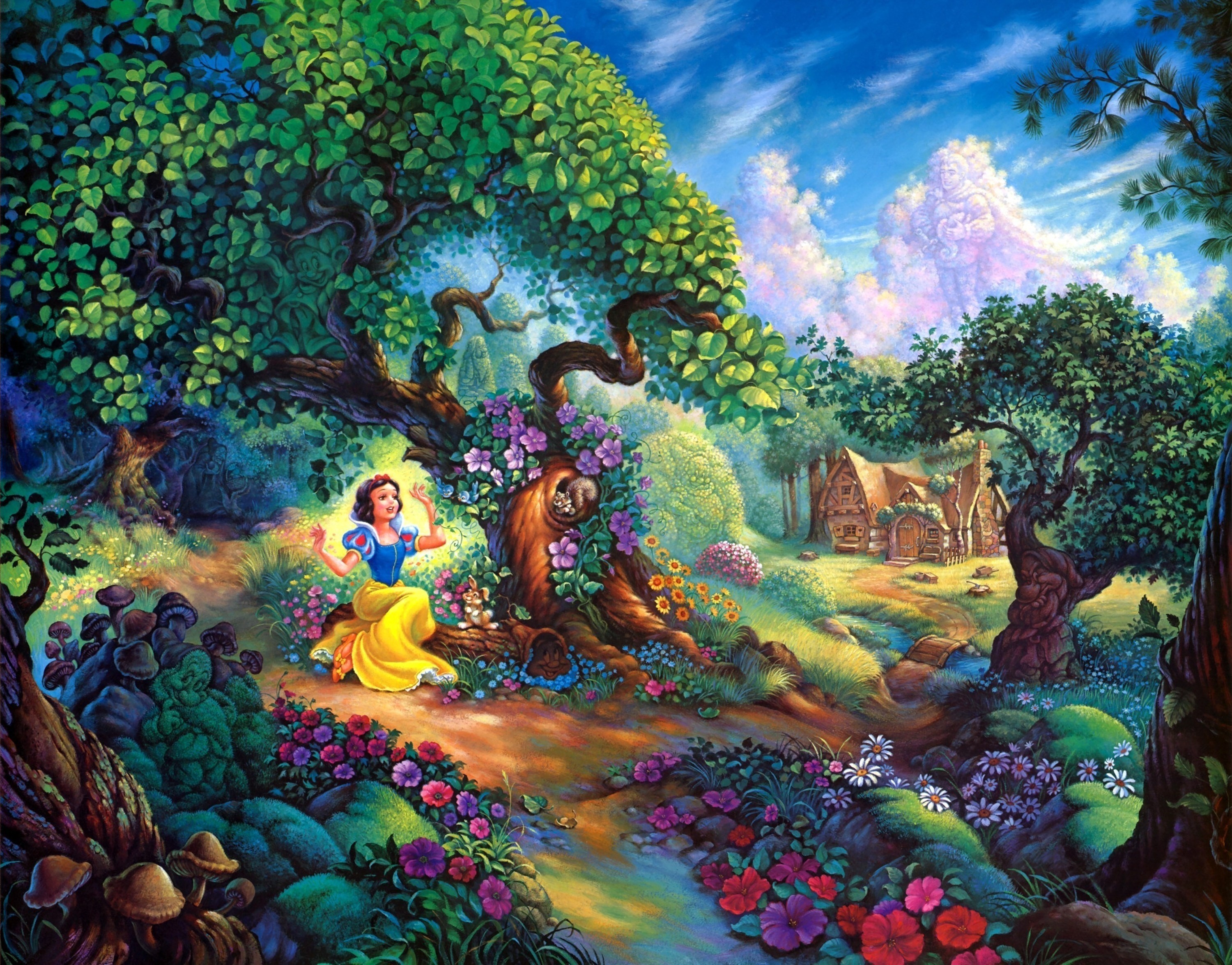 Snow white, Fairy forest, Trees, House, Fairy tale wallpaper