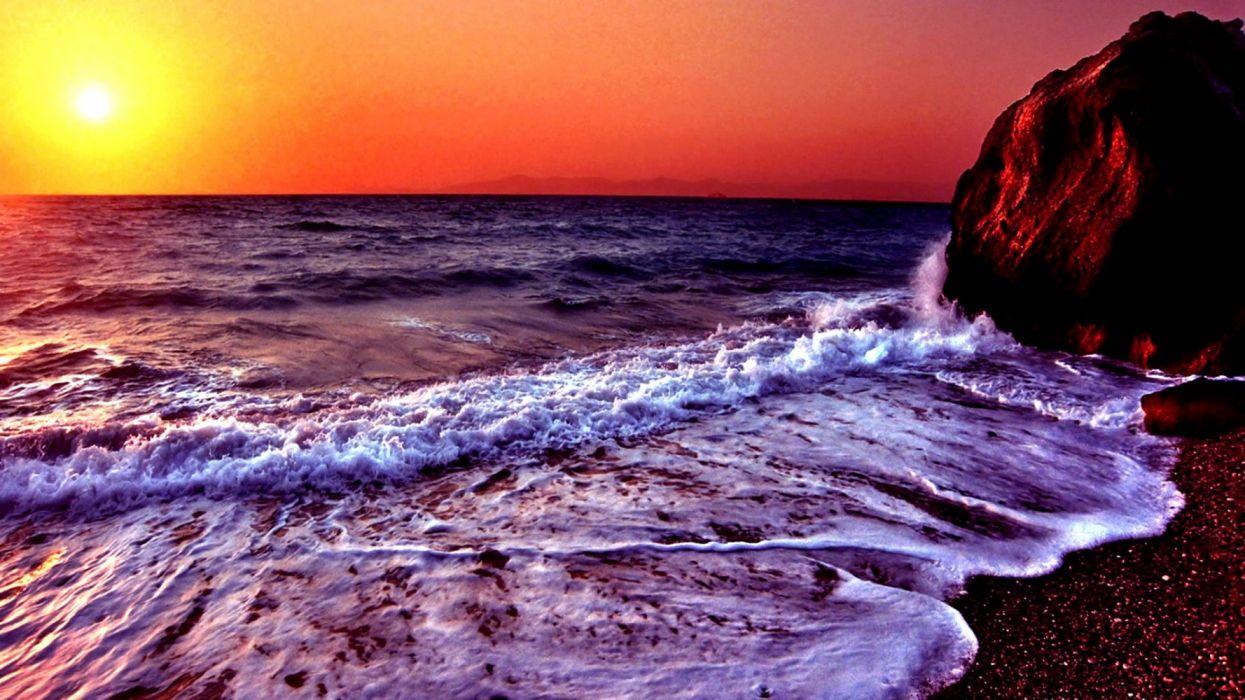 Sunset Rock Rocks Sea Ocean Beach Peace Seashore View Beauty Wavem