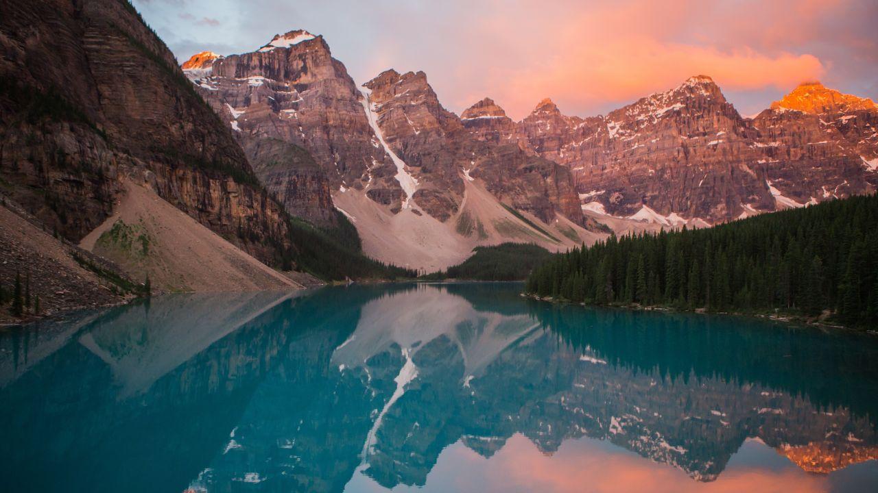 Wallpaper Sunrise, Moraine Lake, Alberta, Canada, 5K, Nature