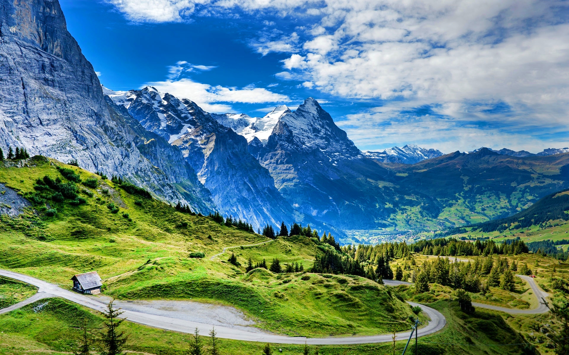 mountains, cabin, snowy peaks, clouds, forest, beautiful, grass, Alps, Switzerland, road wallpaper