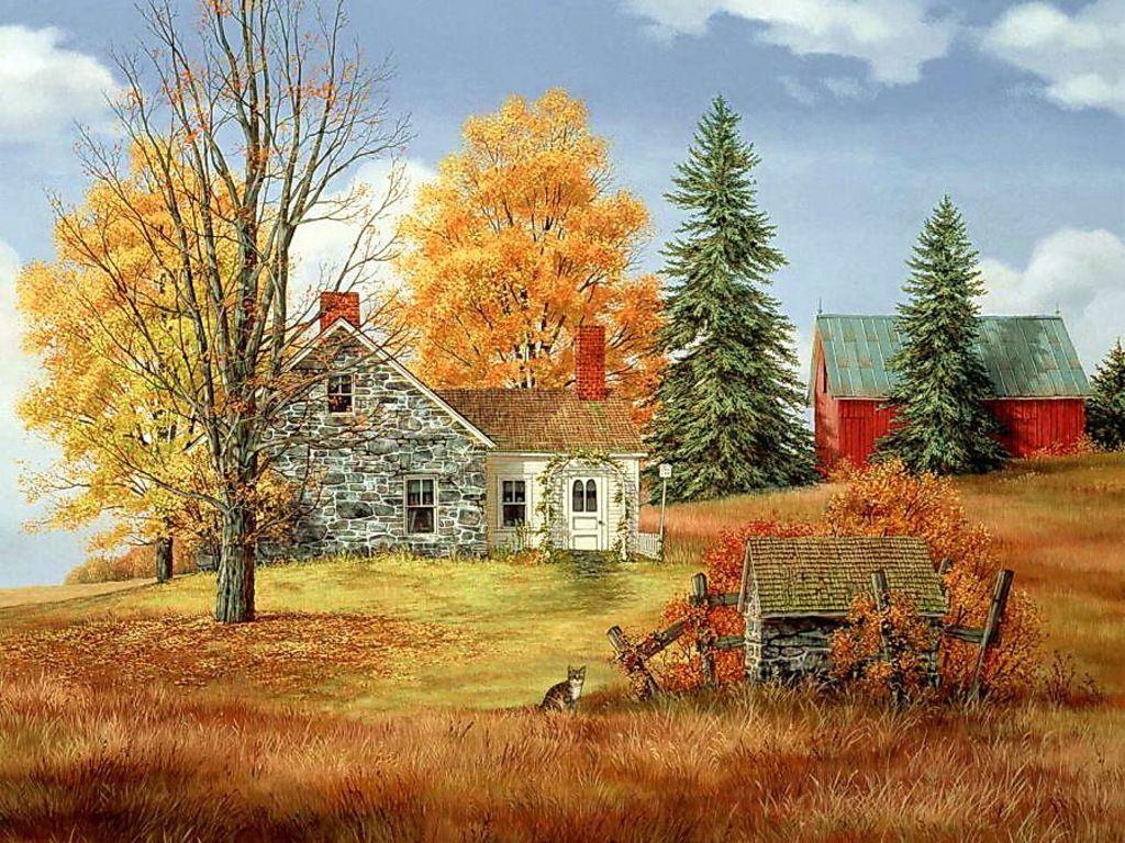 Autumn farm Wallpaper__ (1024×768). Swan painting, Autumn art, Swans art