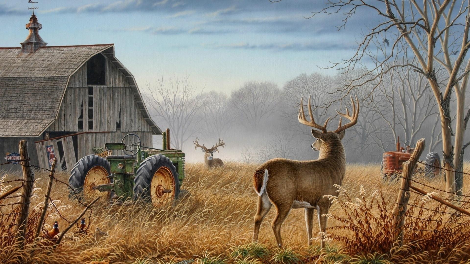 Deers On An Abandoned Farm Painting Art HD Wallpaper