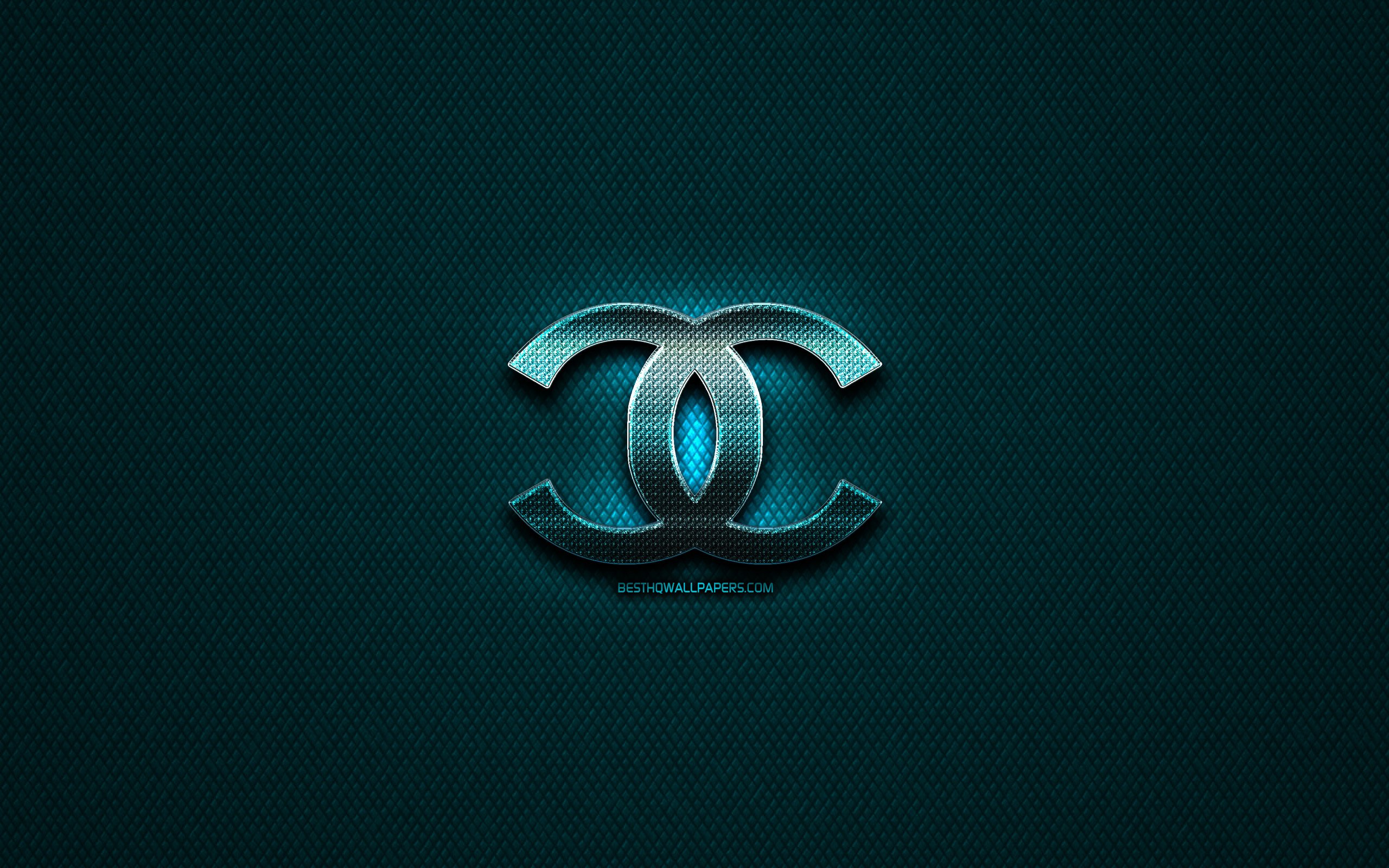 Download wallpaper Chanel glitter logo, creative, blue metal