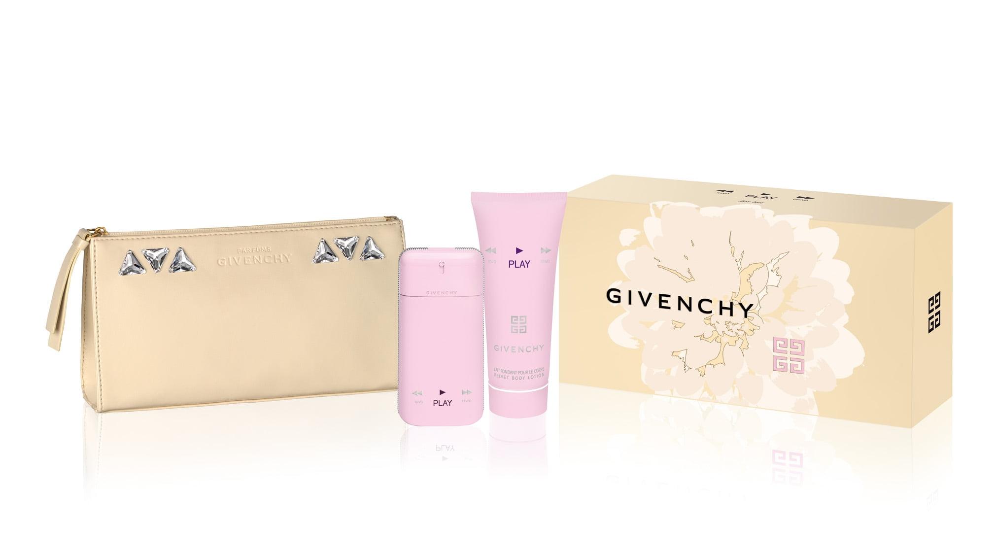 Two Givenchy plastic bottles with box and beige leather wallet HD