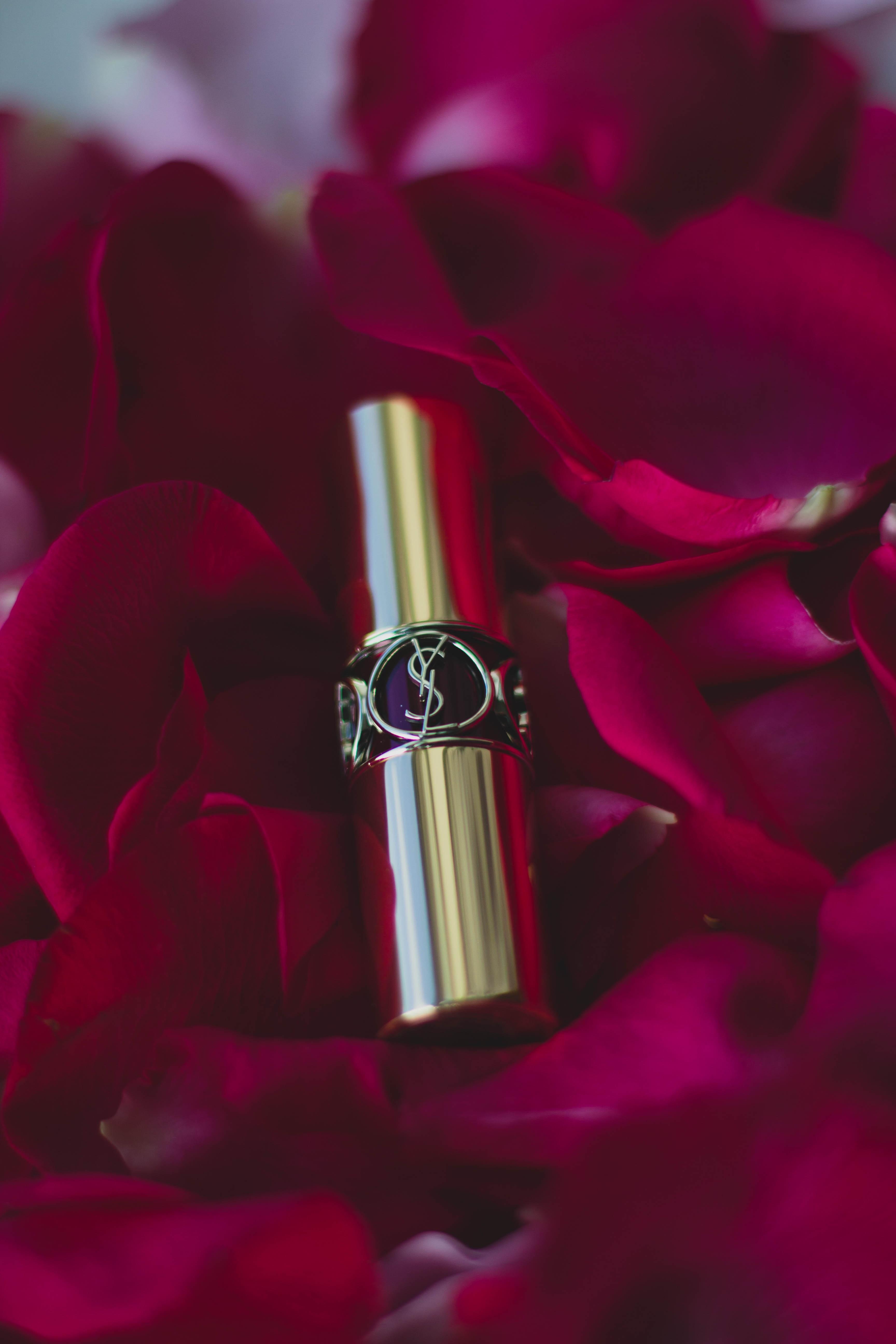 yves saint laurent lipstick surrounded with red rose petals free