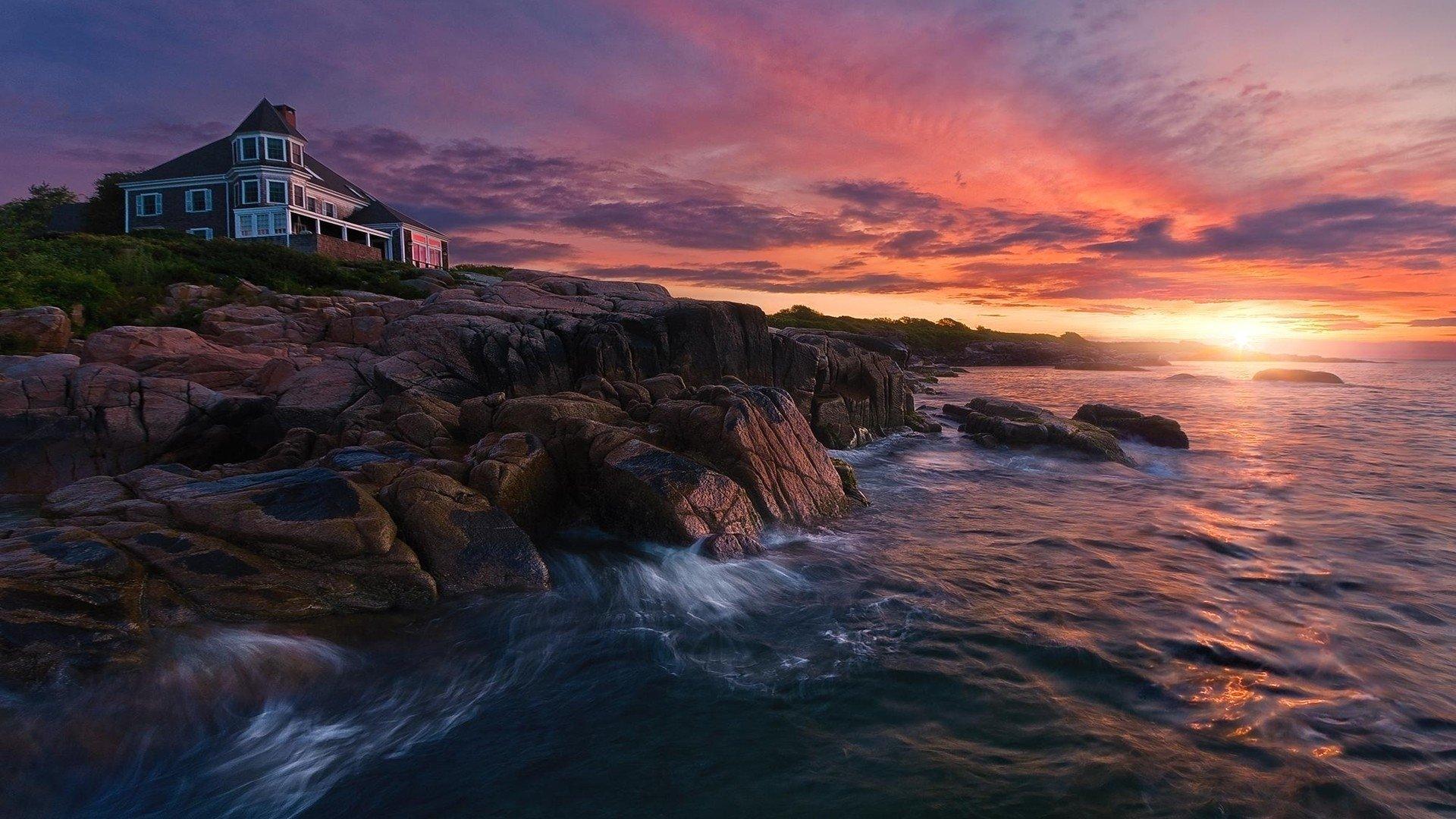 Sunset over House on Rocky Coast HD Wallpaper. Background Image