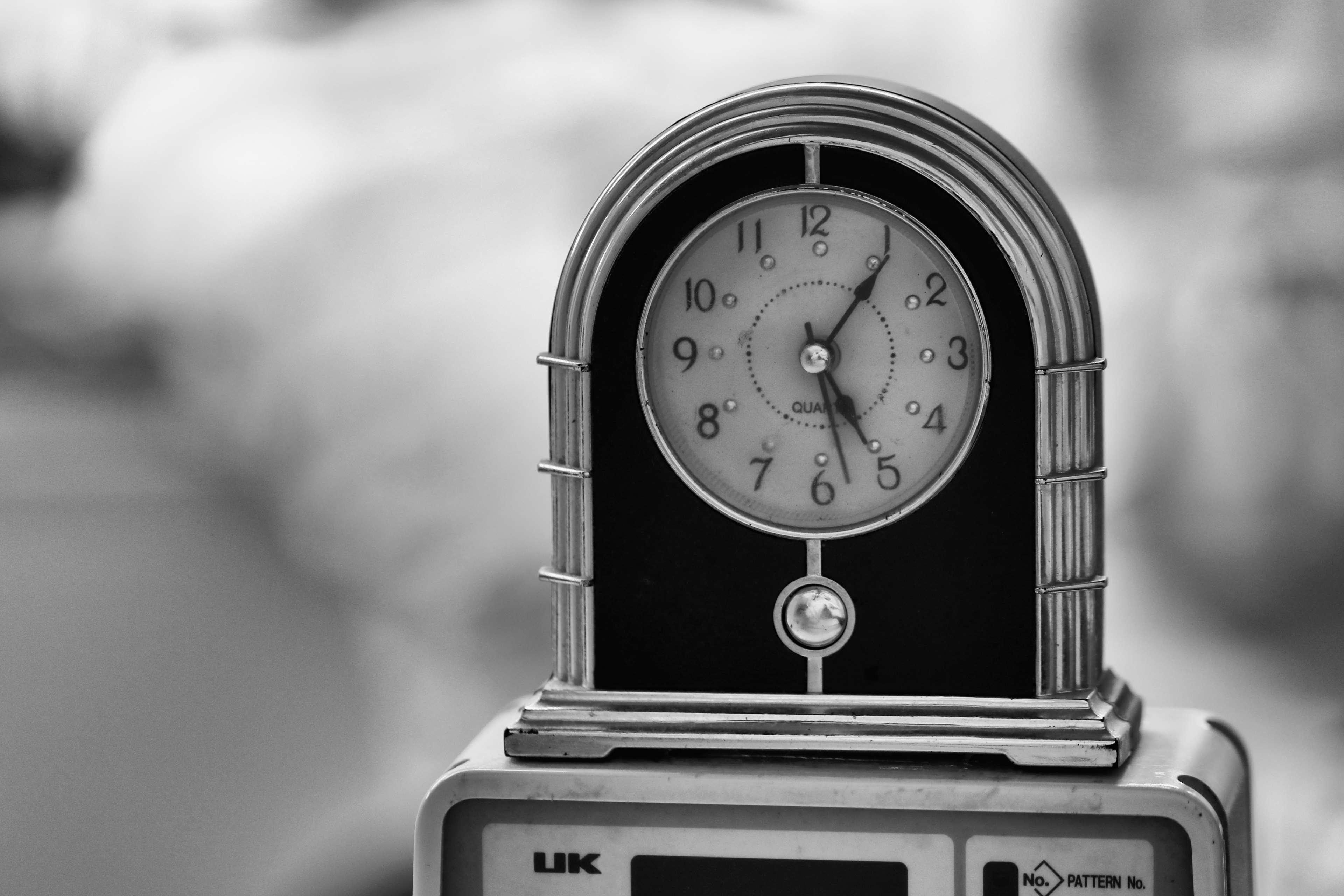 alarm clock, black and white, blackwhite, clock, closeup