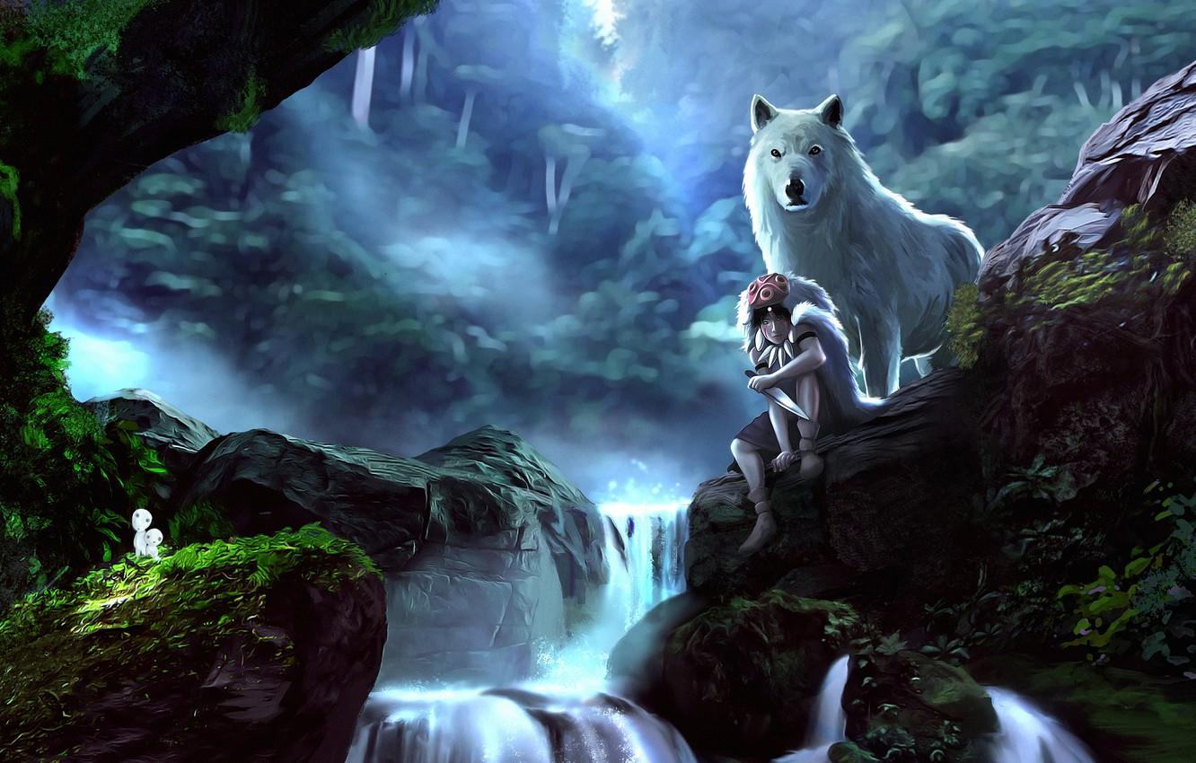 Wallpaper forest, girl, stones, wolf, art, princess mononoke image