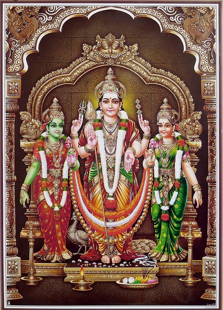 Lord Murugan with His 2 Consorts, Devyani and Valli. Hindu