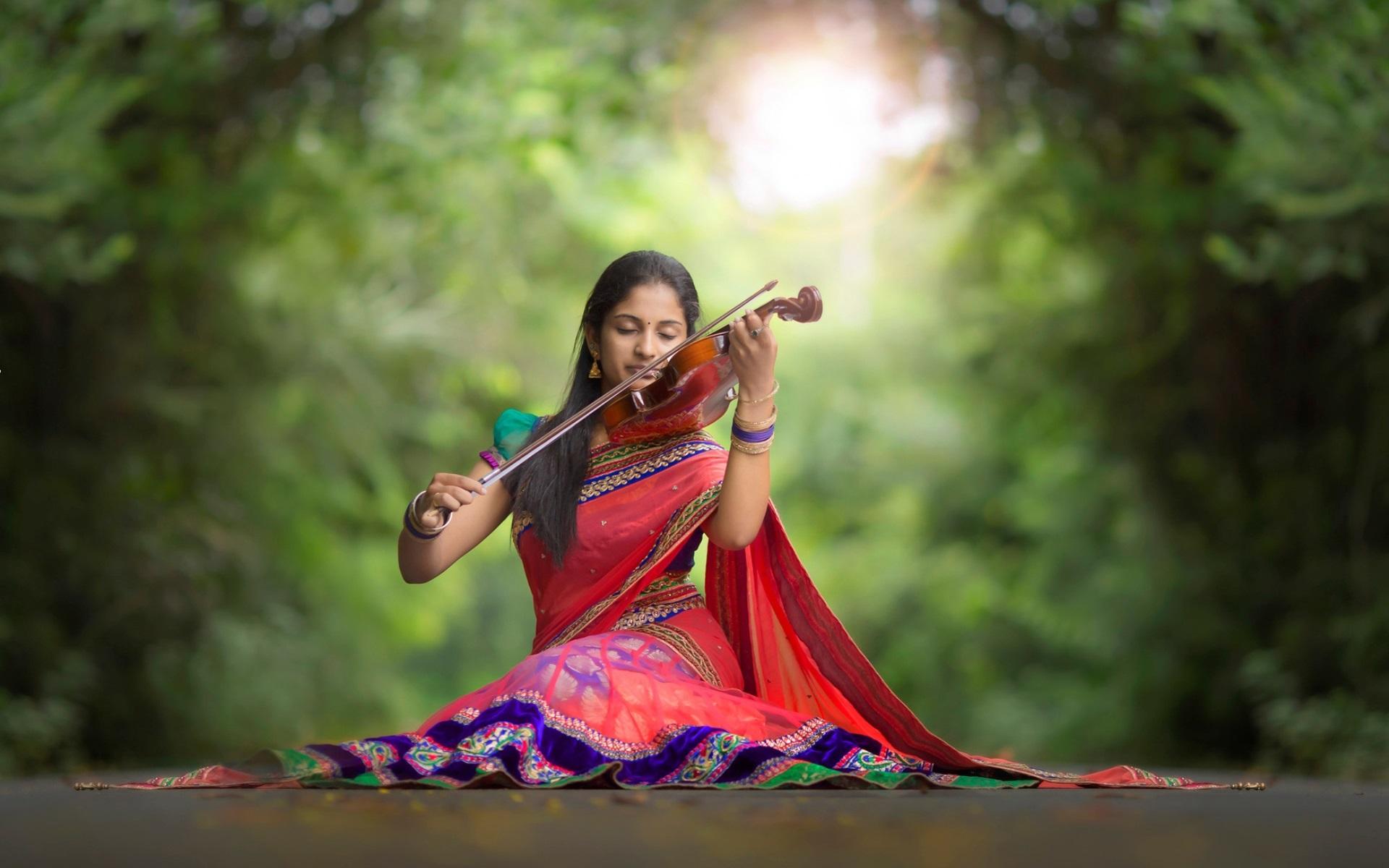 Wallpaper Indian girl, violin, music, road 1920x1200 HD Picture, Image